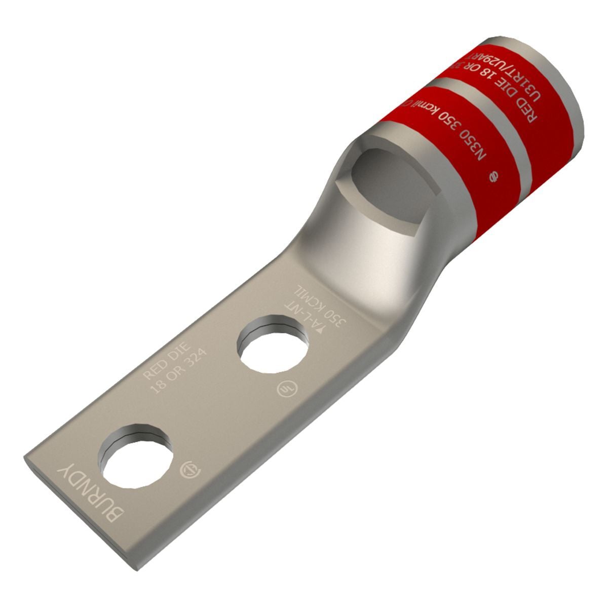 YA31L2NT38 YA-L-2NT 2-Hole Compression Lug, 350 kcmil Stranded Copper Conductor, Die Code: 18, 3/8 in Stud, Electro-Tin Plated Copper