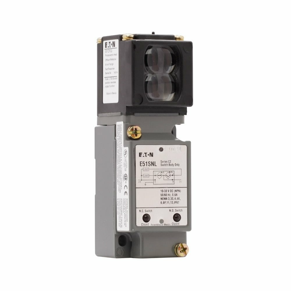 E51DF11 Limit Switch Modular Style Inductive Right Angle Sensor Head, Fiber Optic/Photoelectric/Through Beam Sensor, 1 to 9 in, 0.5 ms On, 9 to 0.5 ms Off Response