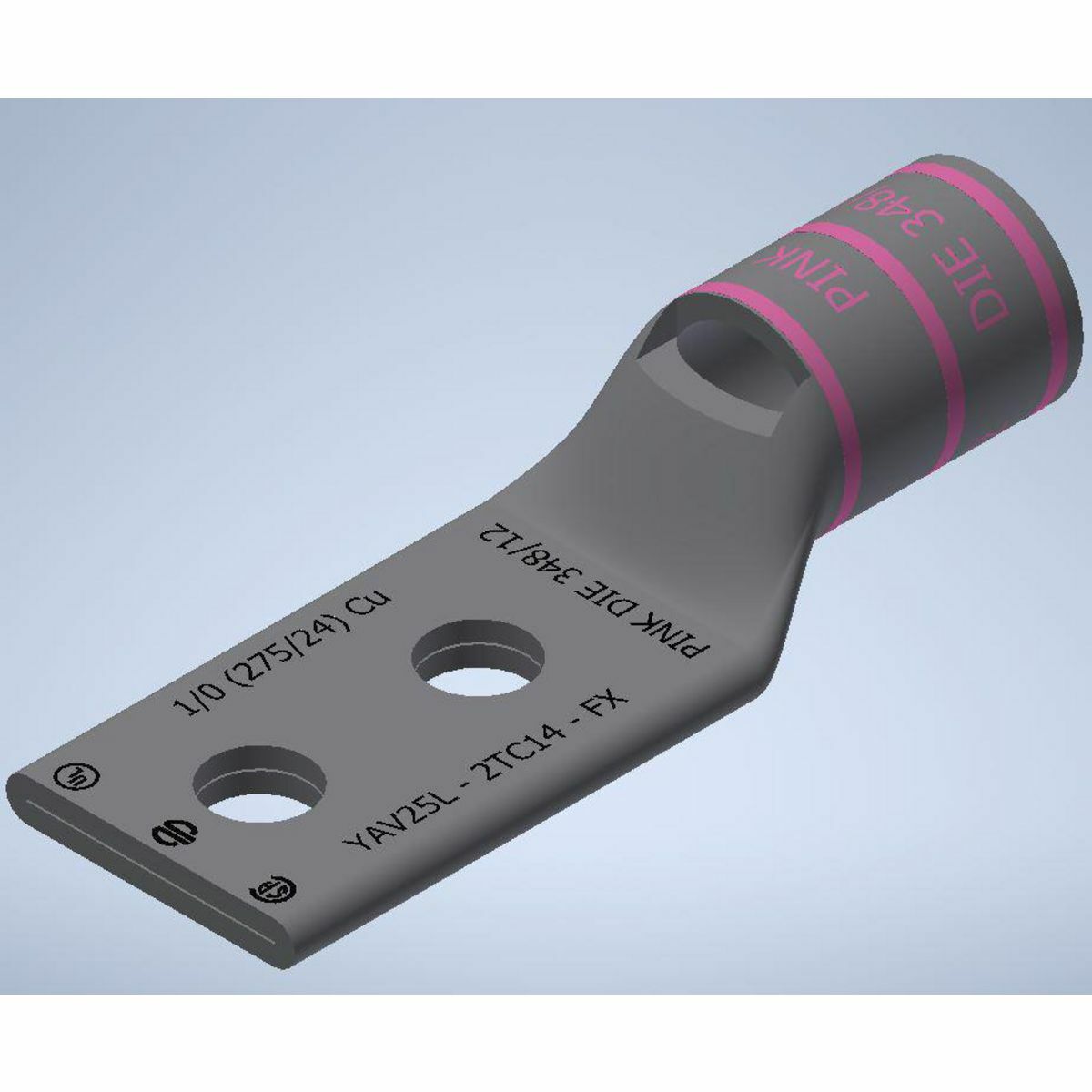 YAV25L2TC14FX YAV-L-2TC-FX 2-Hole Compression Lug With Inspection Window, 1/0 AWG Flexible/Stranded Copper Conductor, Die Code: 12, 1/4 in Stud, Copper