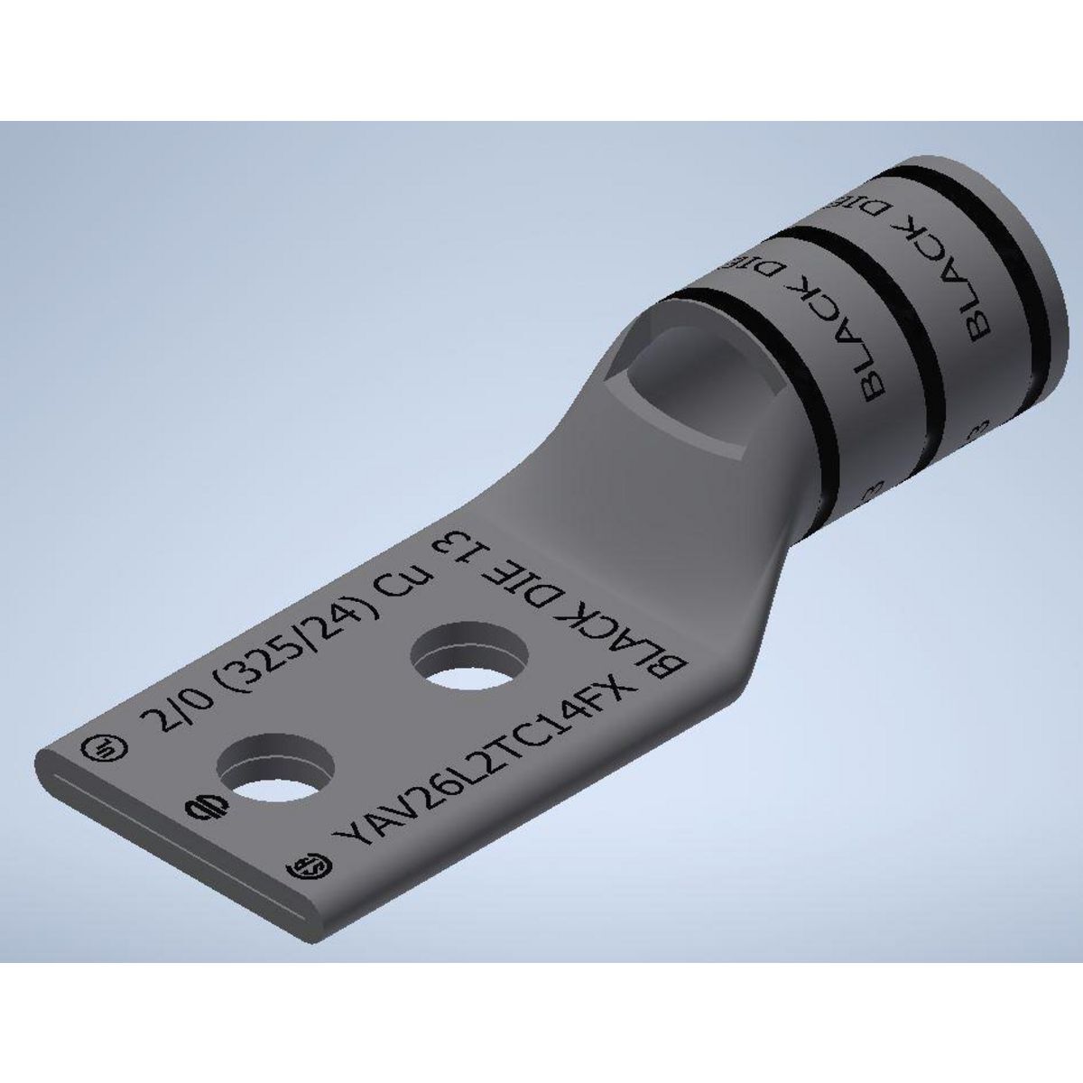 YAV26L2TC14FX YAV-L-2TC-FX 2-Hole Compression Lug With Inspection Window, 2/0 AWG Flexible/Stranded Copper Conductor, Die Code: 13, 1/4 in Stud, Copper