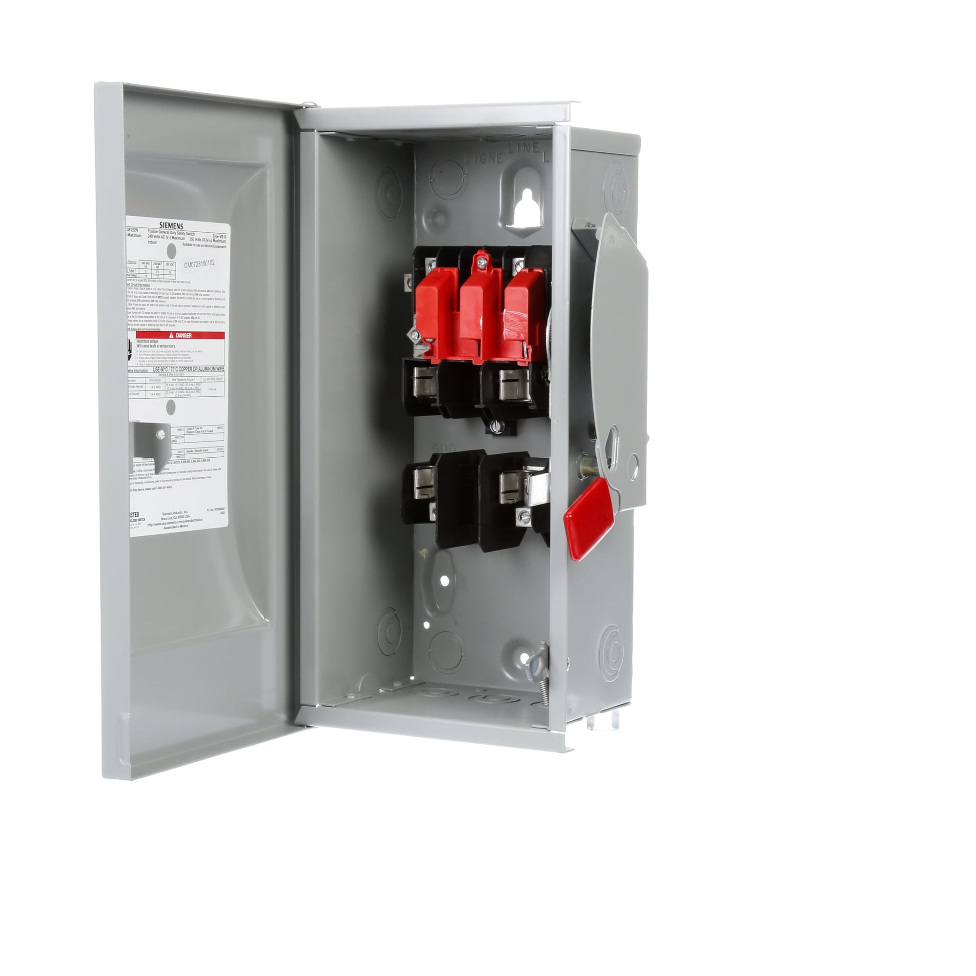 GF222N Enclosed Fusible General Duty Safety Switch With Neutral, 240 VAC, 60 A, 7-1/2 hp, 10 hp, DPST Contact, 2 Poles
