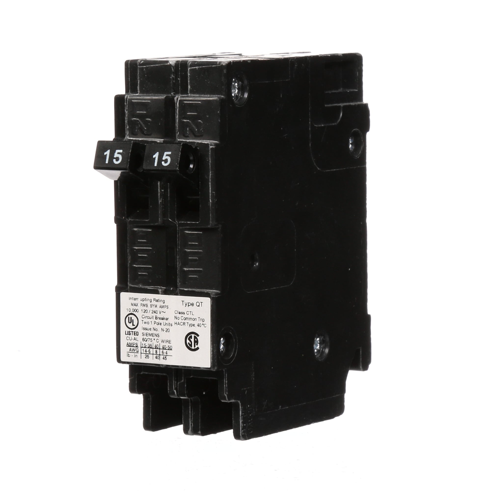 Q1515 Type QT Duplex Low Voltage Miniature Molded Case Circuit Breaker, 120 V AC, 15 A, 10 kA Interrupt, 1 Poles, Thermal Magnetic Trip