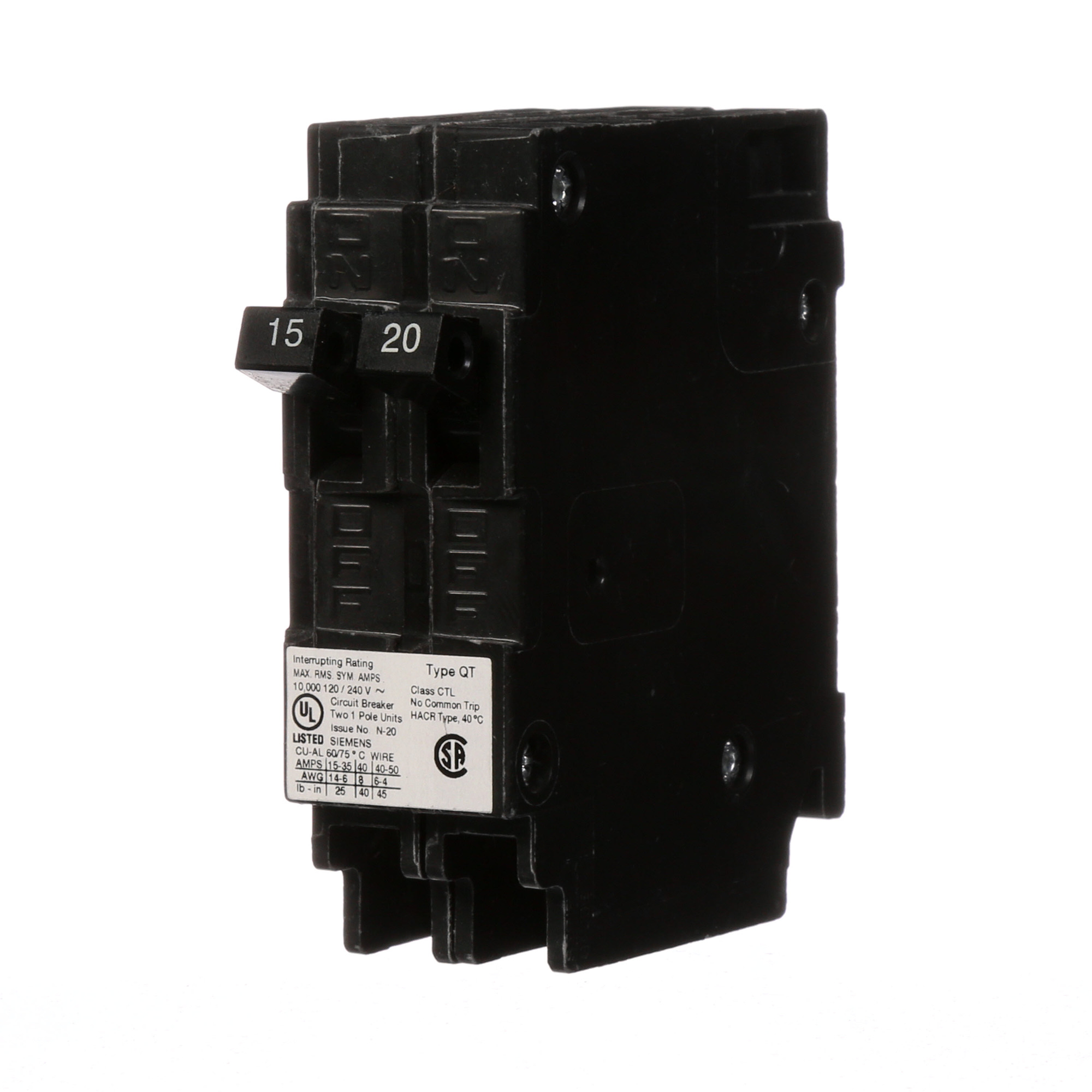 Q1520 Type QT Duplex Molded Case Circuit Breaker, 120 V AC, 15 to 20 A, 10 kA Interrupt, 1 Poles, Thermal Magnetic Trip