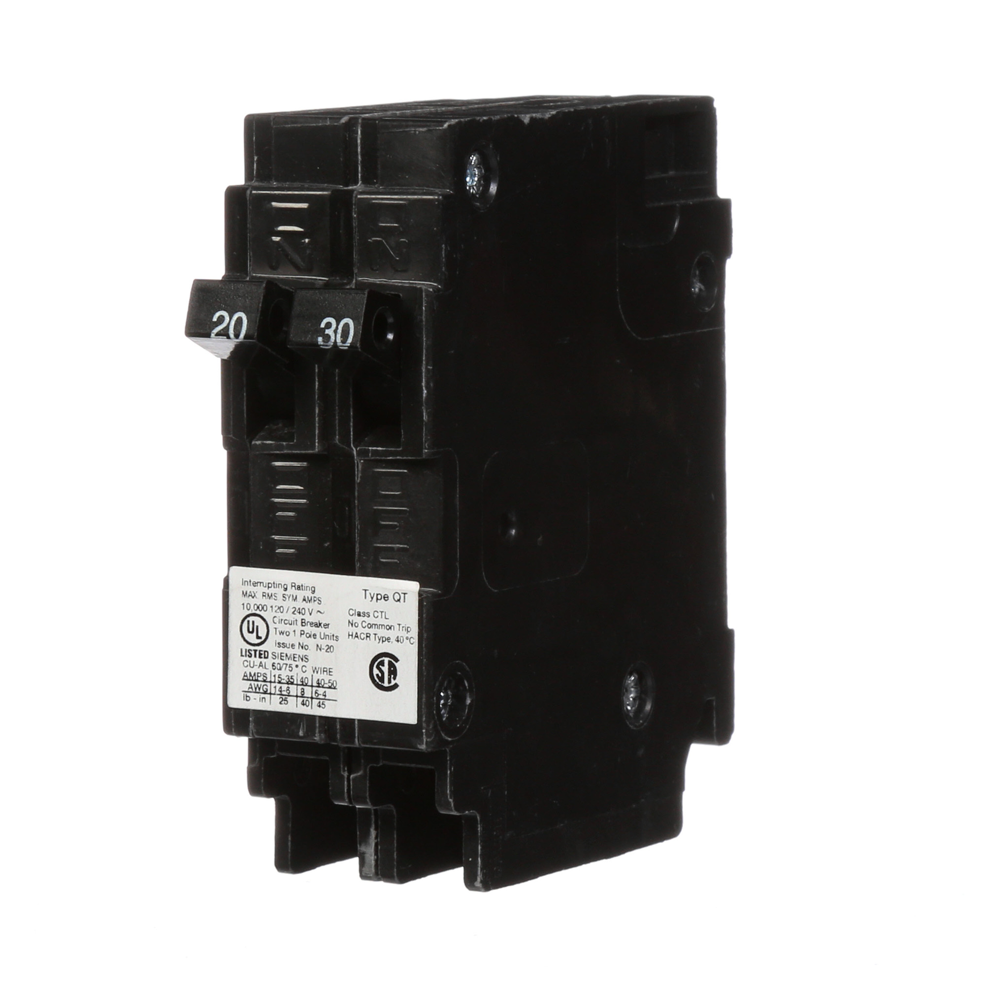 Q2030 Type QT Duplex Low Voltage Miniature Molded Case Circuit Breaker, 120 V AC, 20 to 30 A, 10 kA Interrupt, 1 Poles, Thermal Magnetic Trip