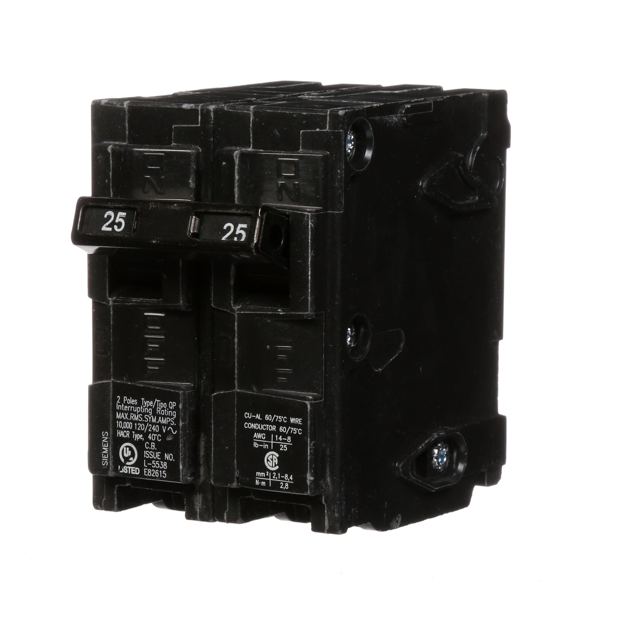 Q225 Type QP/MP Low Voltage Miniature Molded Case Circuit Breaker With INSTA-WIRE, 120/240 V AC, 25 A, 10 kA Interrupt, 2 Poles, Thermal Magnetic Trip