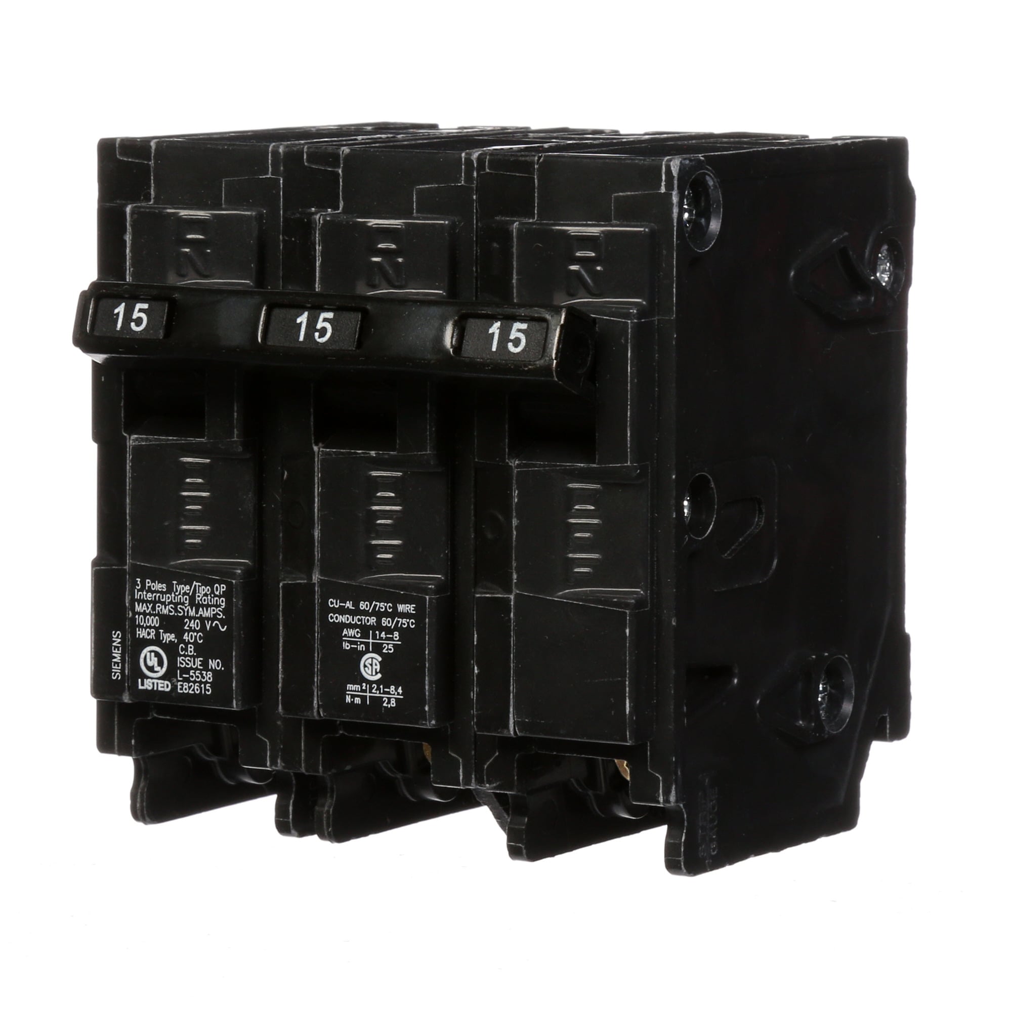 Q315 Low Voltage Miniature Residential Molded Case Circuit Breaker With Insta-Wire, 240 V AC, 15 A, 10 kA Interrupt, 3 Poles, Thermal Magnetic Trip
