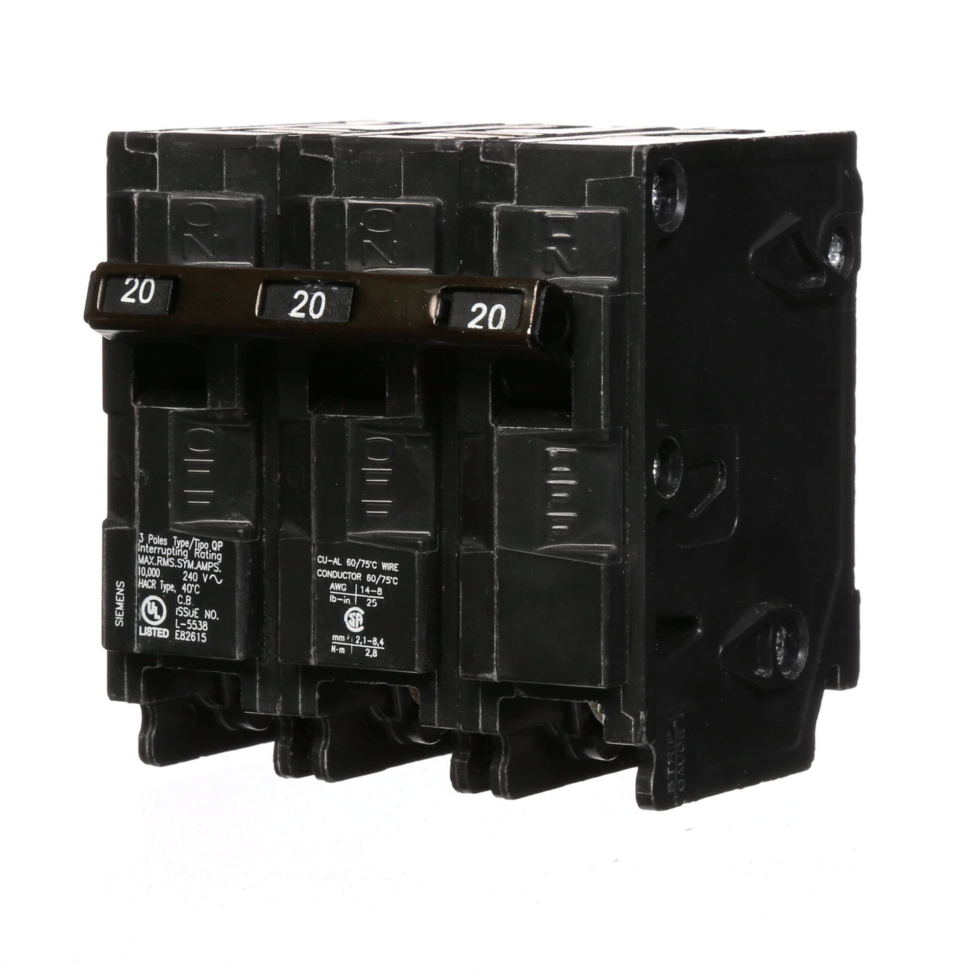 Q320 Low Voltage Miniature Residential Molded Case Circuit Breaker With Insta-Wire, 240 V AC, 20 A, 10 kA Interrupt, 3 Poles, Thermal Magnetic Trip