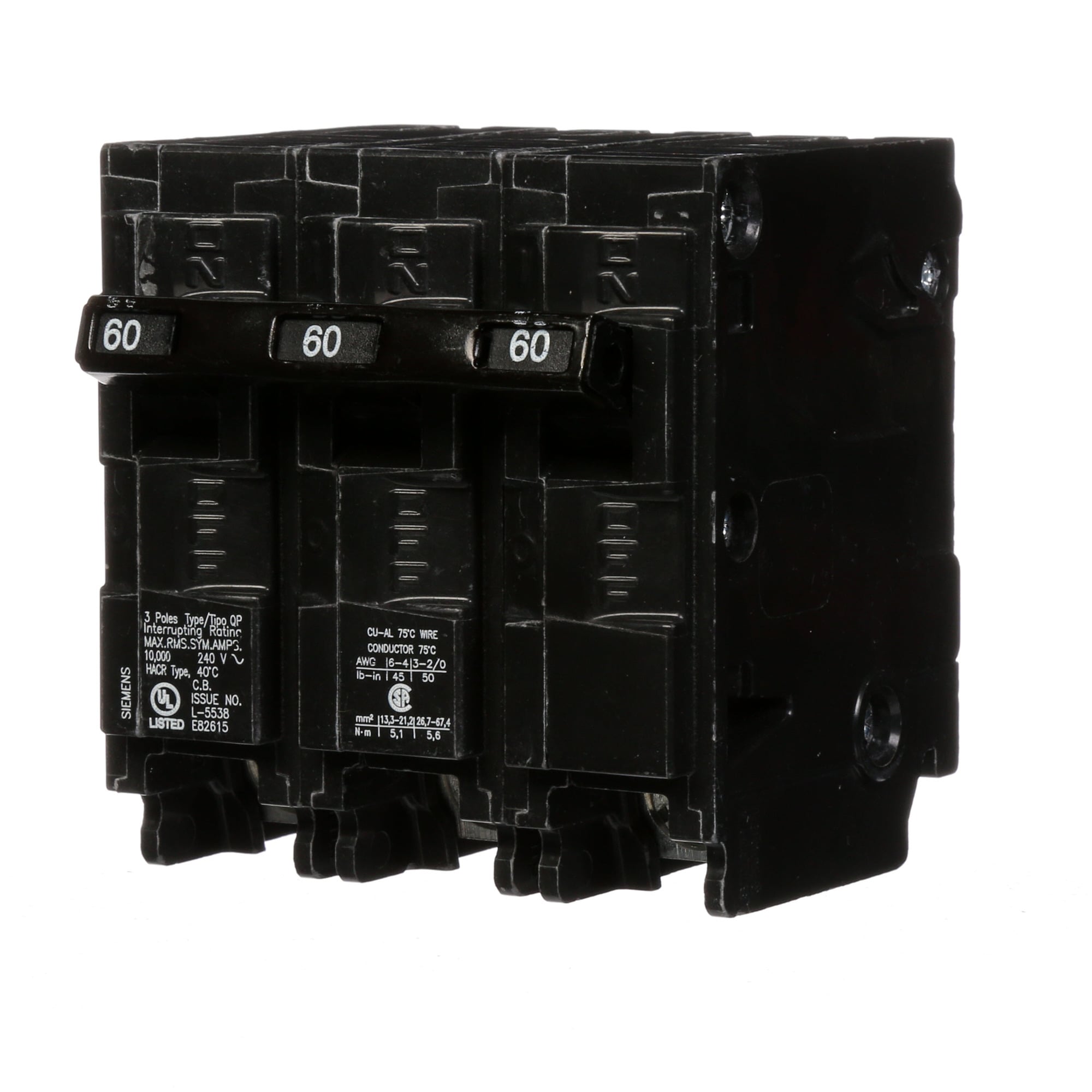 Q360 Low Voltage Miniature Residential Molded Case Circuit Breaker With Insta-Wire, 240 V AC, 60 A, 10 kA Interrupt, 3 Poles, Thermal Magnetic Trip