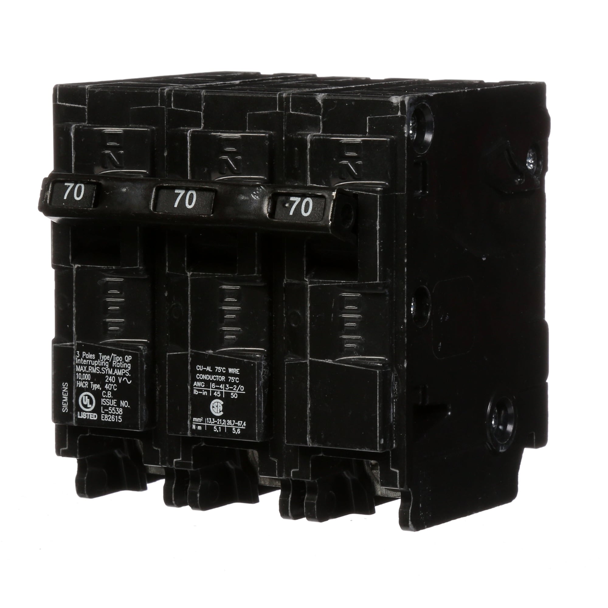 Q370 Low Voltage Miniature Residential Molded Case Circuit Breaker With Insta-Wire, 240 V AC, 70 A, 10 kA Interrupt, 3 Poles, Thermal Magnetic Trip