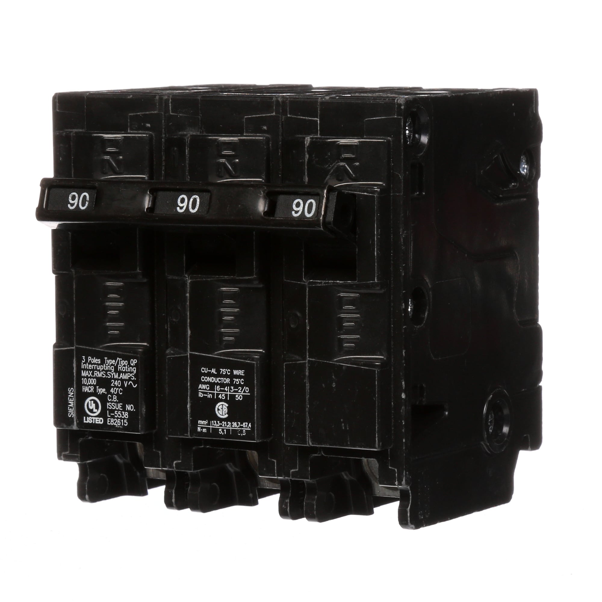 Q390 Low Voltage Miniature Residential Molded Case Circuit Breaker With Insta-Wire, 240 V AC, 90 A, 10 kA Interrupt, 3 Poles, Thermal Magnetic Trip