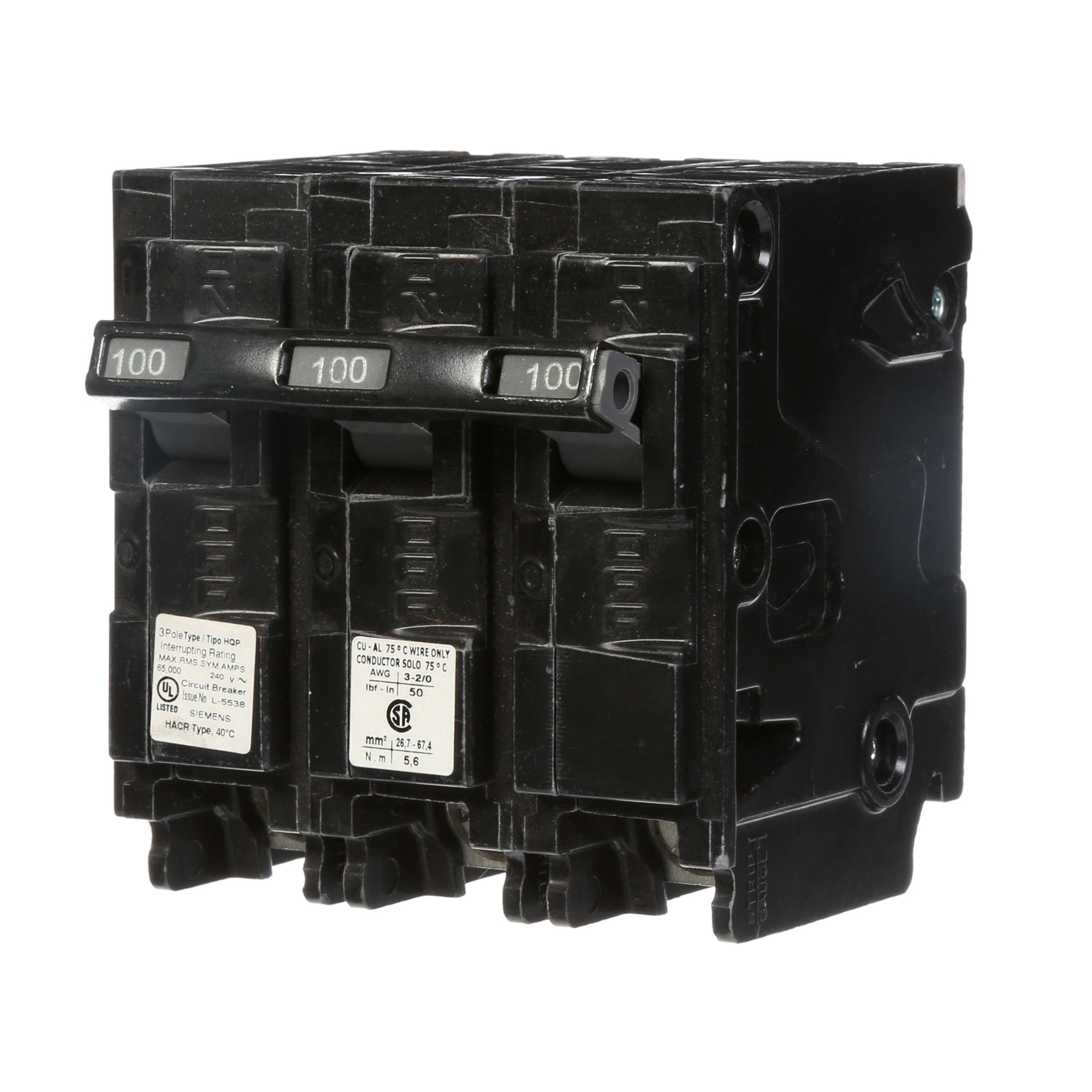 Q3100 Low Voltage Miniature Residential Molded Case Circuit Breaker With Insta-Wire, 240 V AC, 100 A, 10 kA Interrupt, 3 Poles, Thermal Magnetic Trip