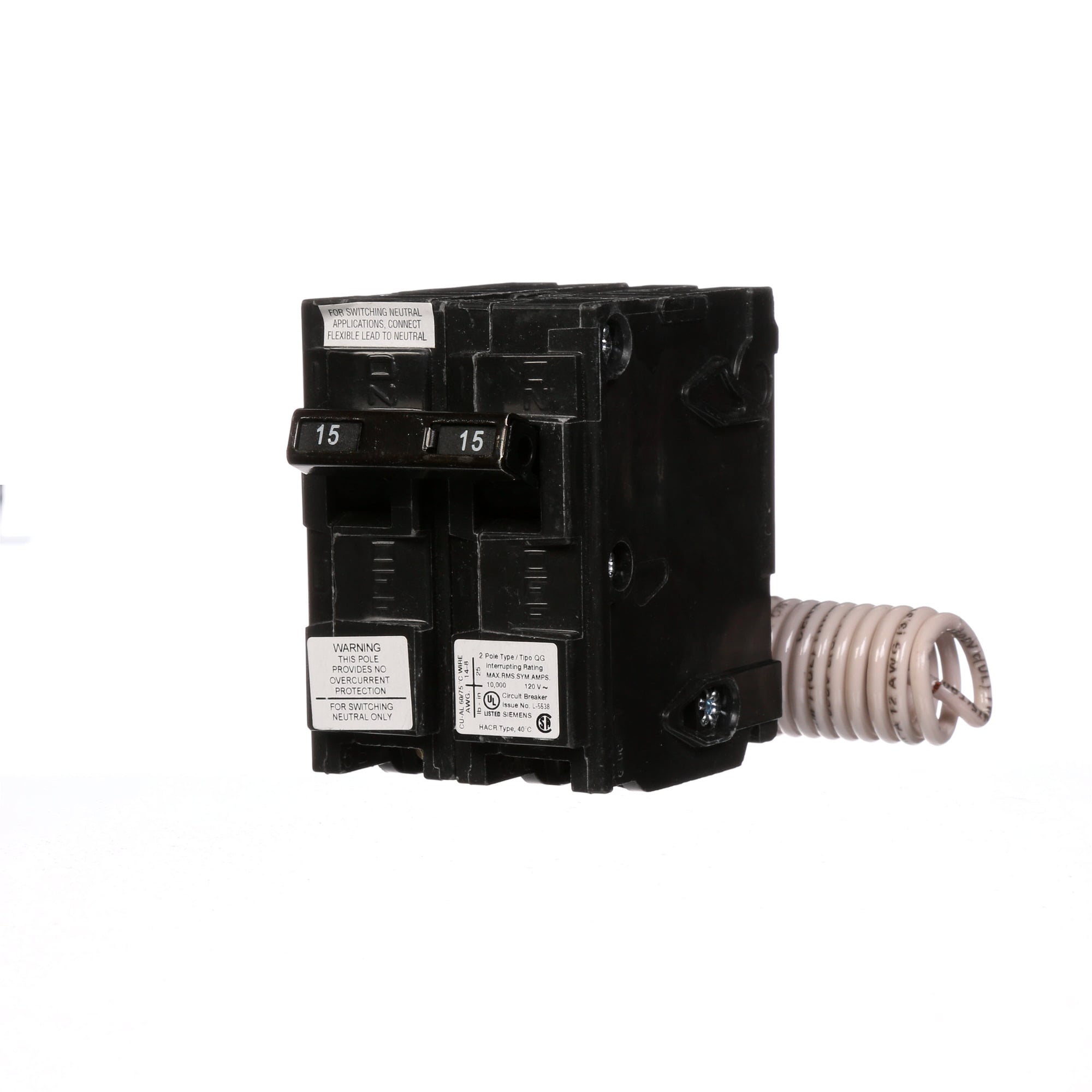 QG215 Type BG Low Voltage Miniature Residential Molded Case Circuit Breaker, 120 V AC, 15 A, 10 kA Interrupt, 2 Poles, Thermal Magnetic Trip
