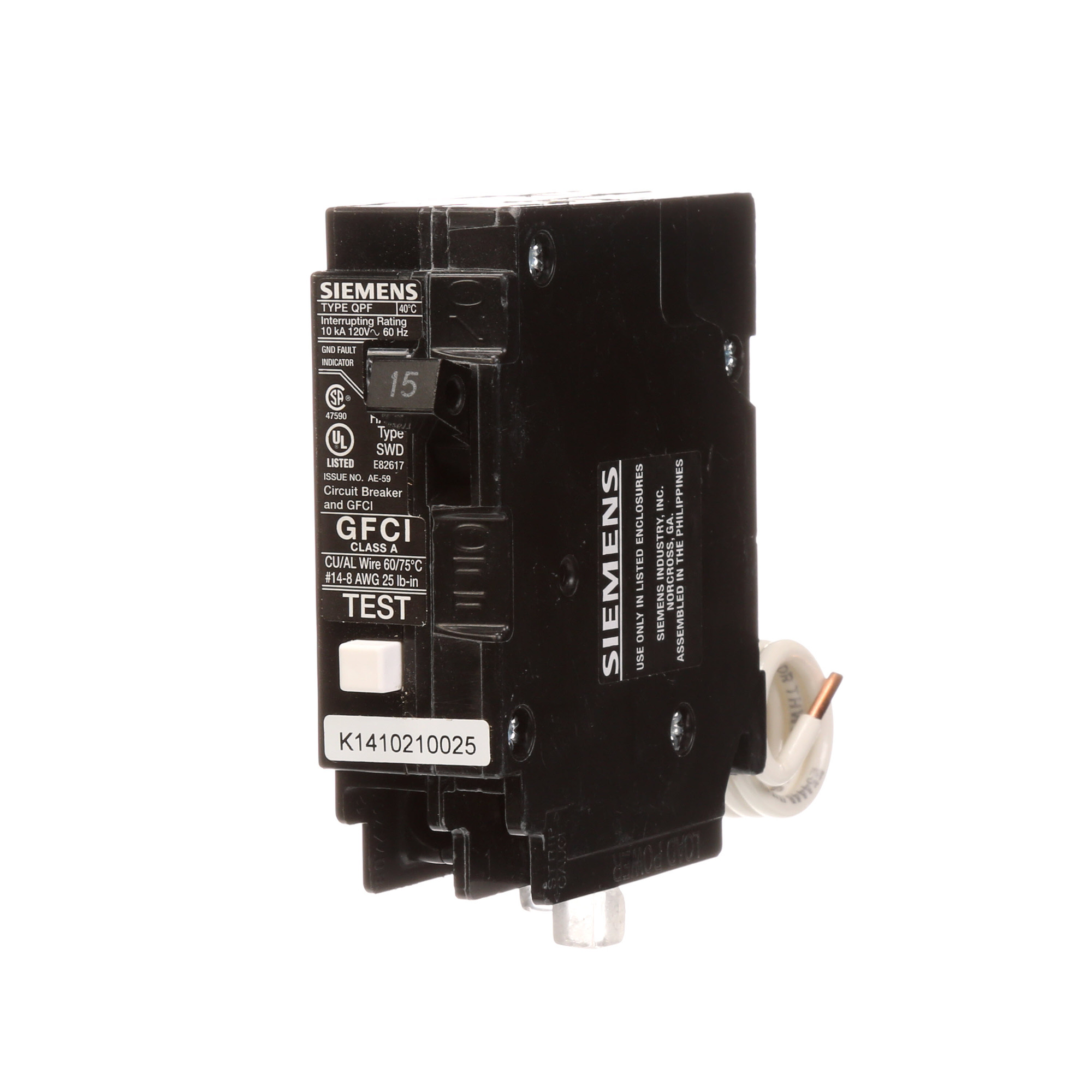 QF115 SpeedFax Circuit Breaker, 120 VAC, 15 A, 10 kA Interrupt, 1 Poles, Thermal Magnetic Trip