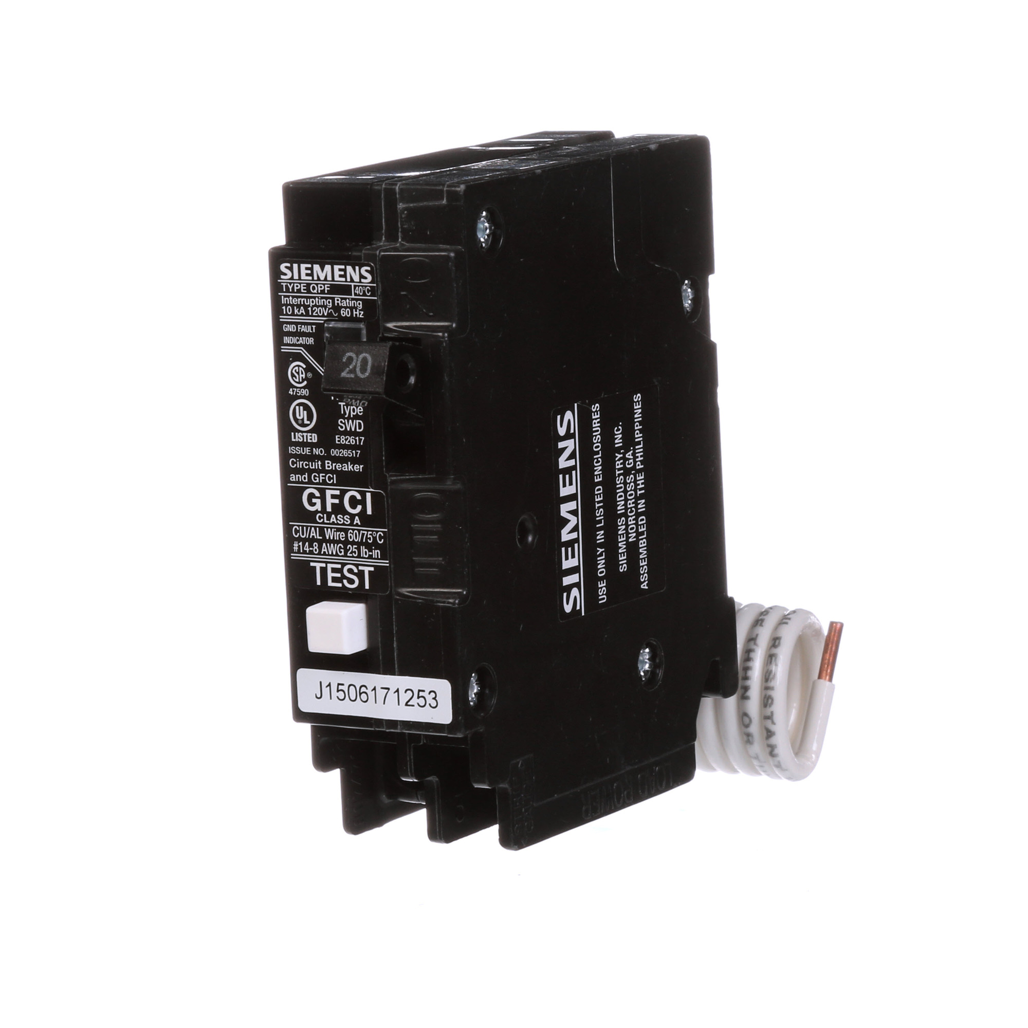 QF120 SpeedFax Circuit Breaker, 120 VAC, 20 A, 10 kA Interrupt, 1 Poles, Thermal Magnetic Trip