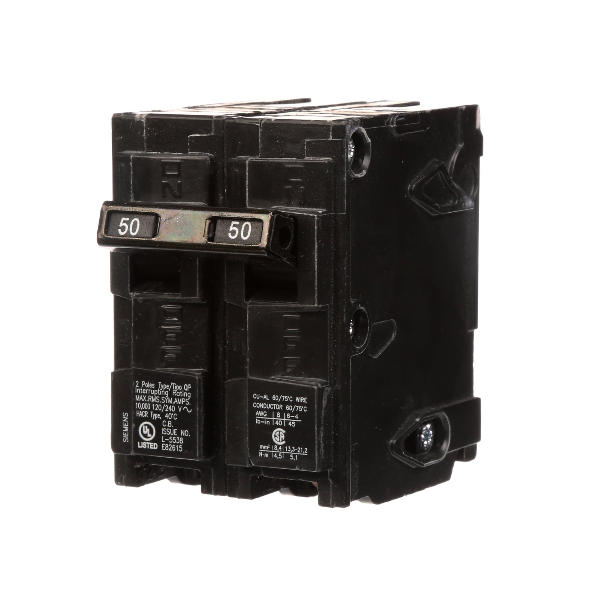 Q250 Type QP/MP Molded Case Circuit Breaker With INSTA-WIRE, 120/240 V AC, 50 A, 10 kA Interrupt, 2 Poles, Thermal Magnetic Trip