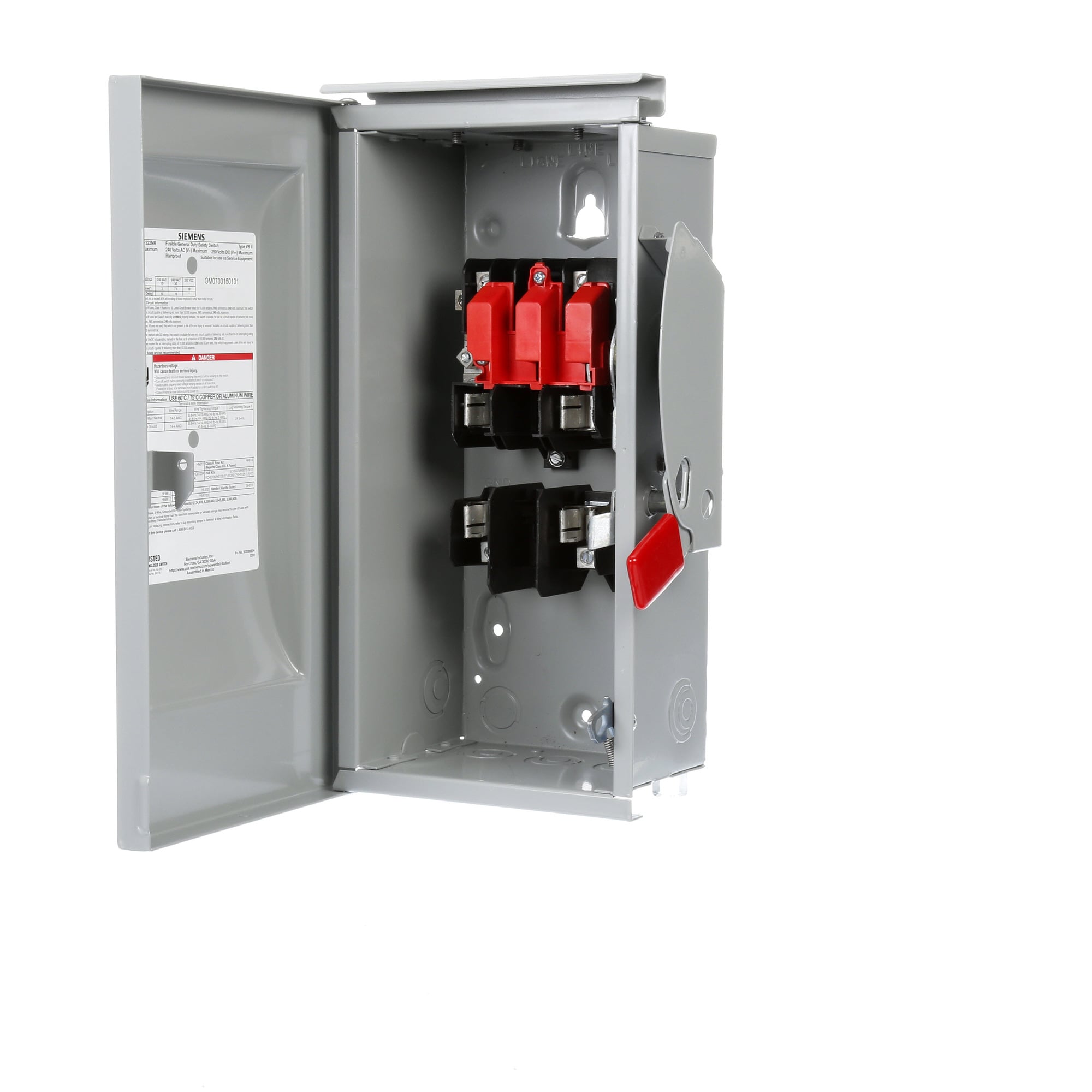 GF222NR Enclosed Fusible General Duty Safety Switch With Neutral, 240 VAC, 60 A, 7-1/2 hp, 10 hp, DPST Contact, 2 Poles