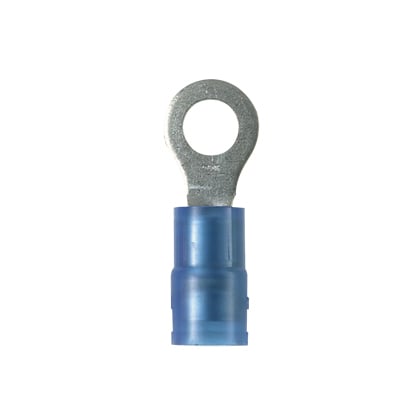 PNF14-8R-C Pan-Term Type PNF-R Ring Terminal, 14 AWG Conductor, 0.87 in L, Funnel Entry/Seamed/Serrated Barrel, Copper, Blue