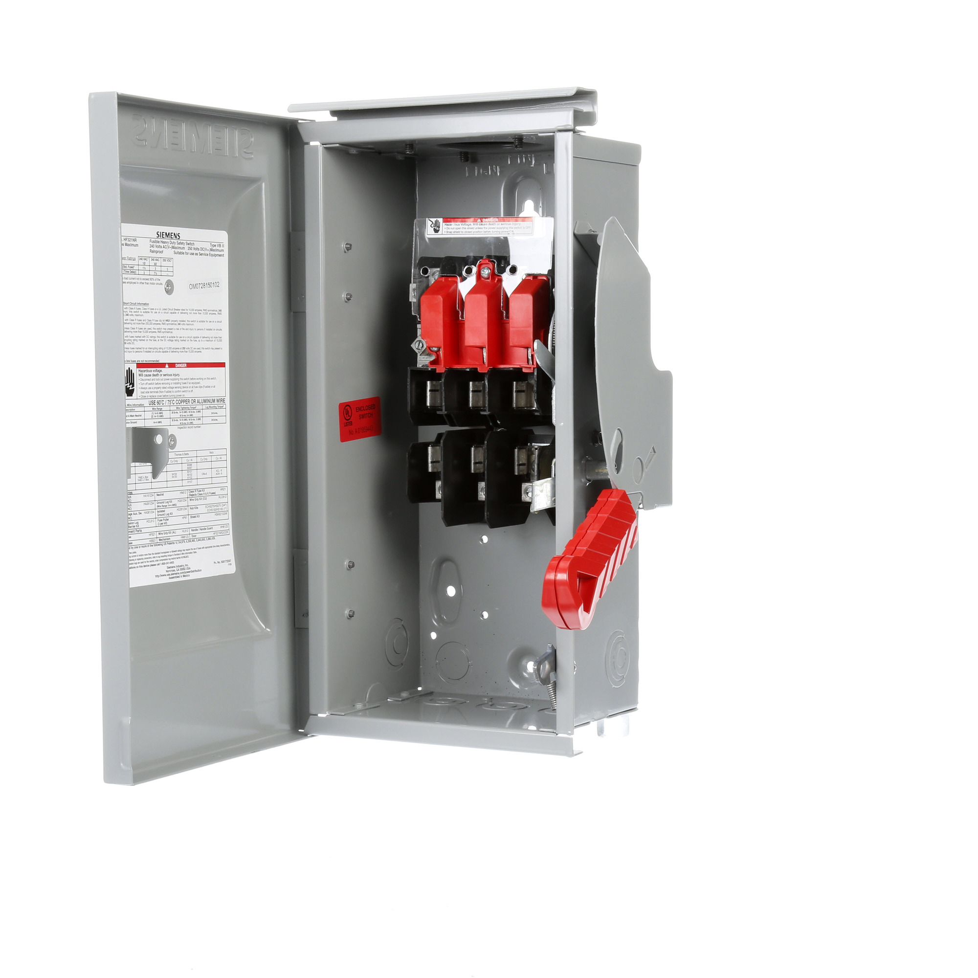 HF321NR Type VBII Enclosed Fusible Heavy Duty Low Voltage Single Throw Safety Switch With Neutral, 240 V AC, 30 A, 3 hp, 3PST Contact, 3 Poles
