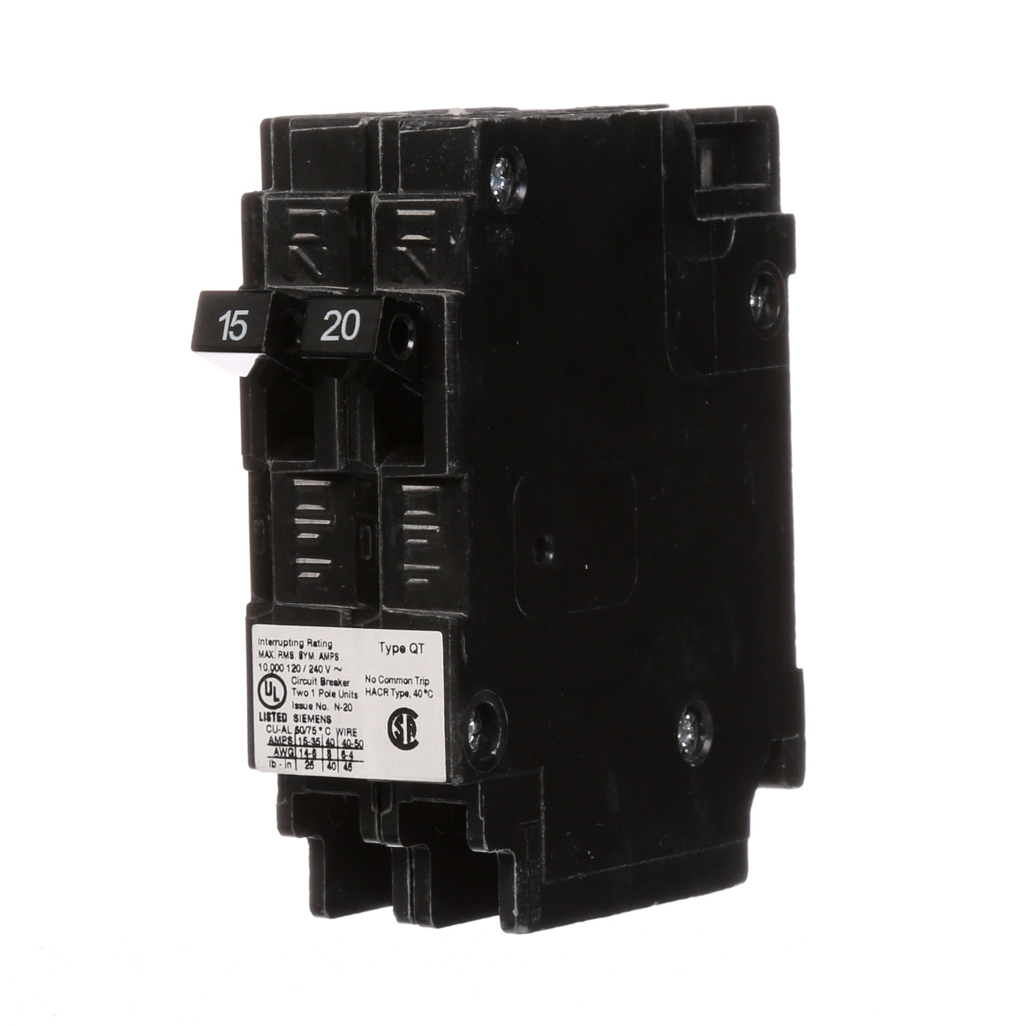 Q1520NC Type QT Duplex Low Voltage Miniature Non-Current Limiting Molded Case Circuit Breaker, 120 V AC, 15 to 20 A, 10 kA Interrupt, 1 Poles, Thermal Magnetic Trip