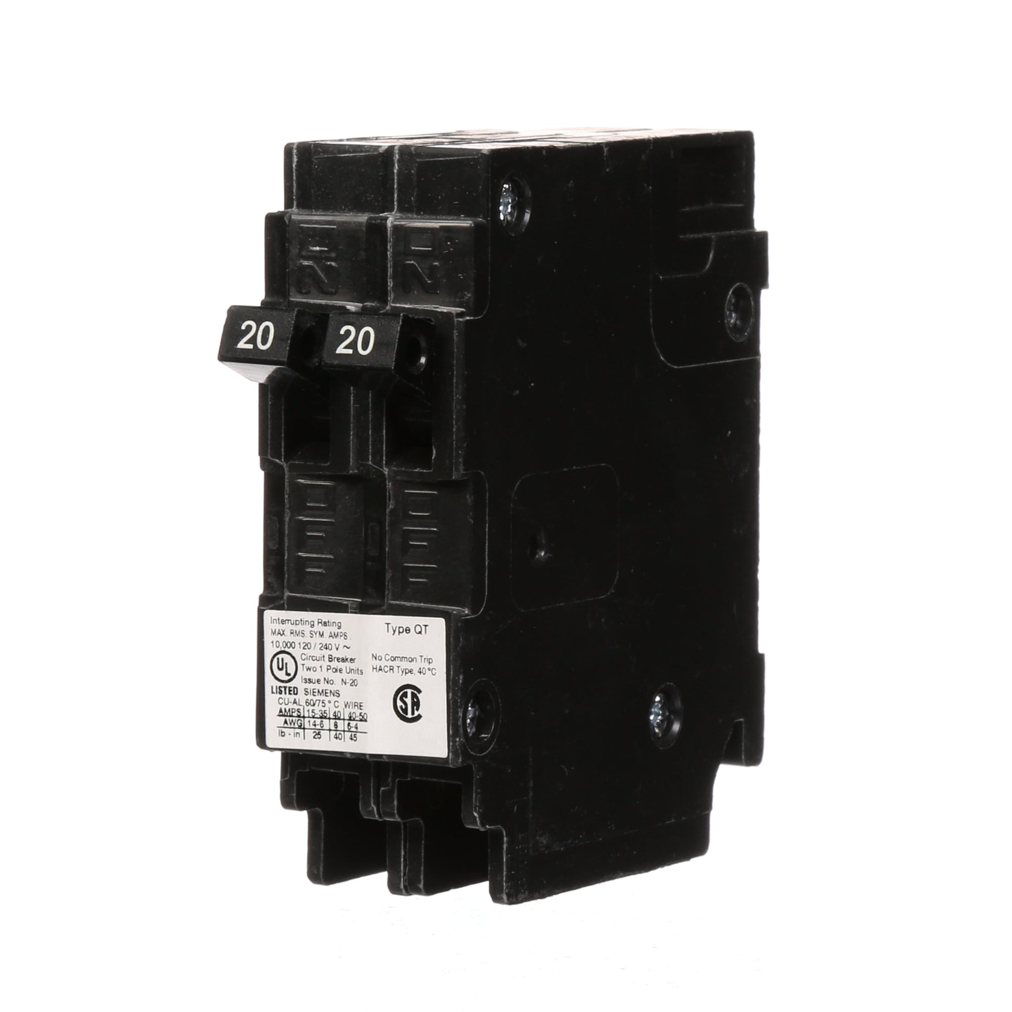 Q2020NC Type QT Duplex Low Voltage Miniature Non-Current Limiting Molded Case Circuit Breaker, 120 V AC, 20 A, 10 kA Interrupt, 1 Poles, Thermal Magnetic Trip