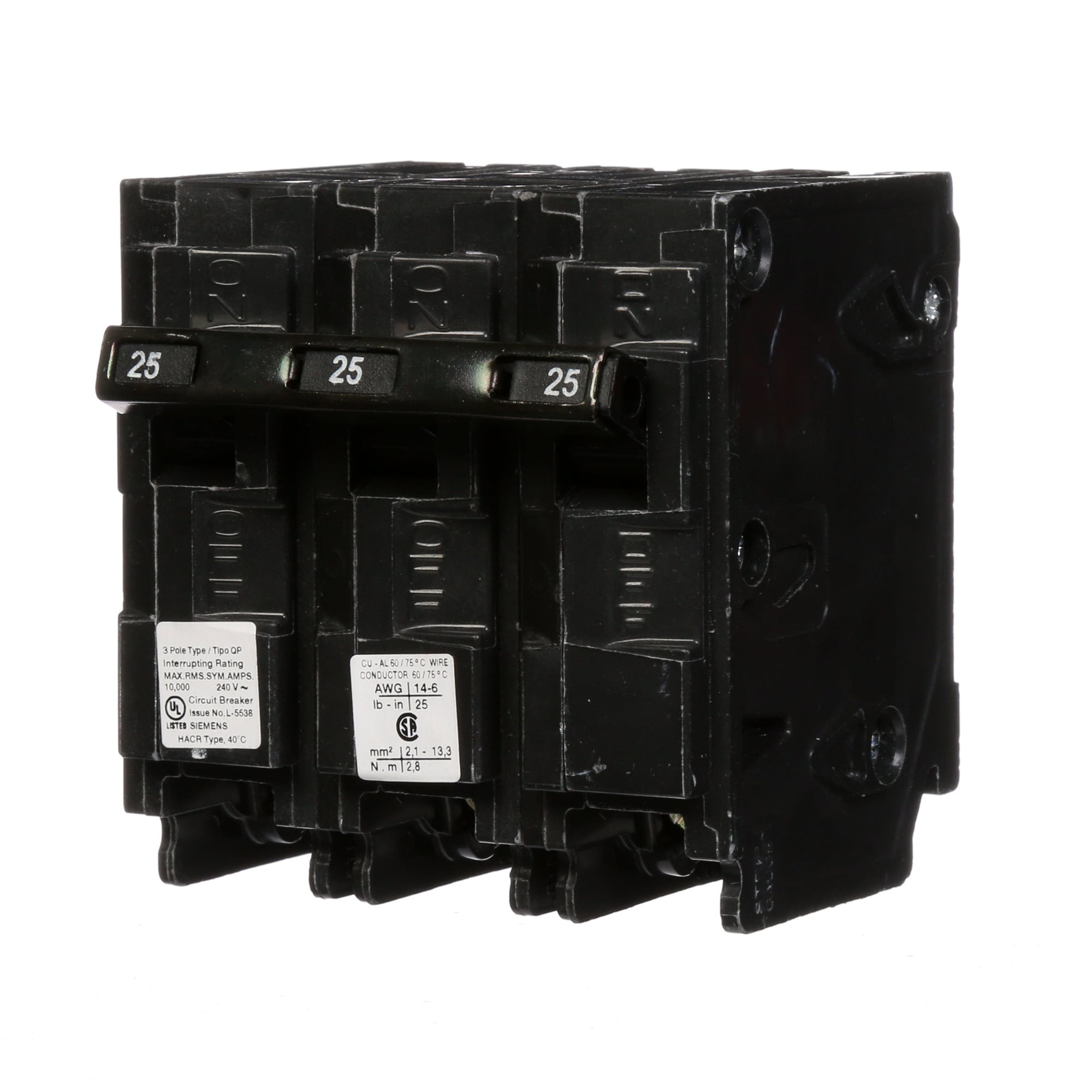 Q325 Low Voltage Miniature Residential Molded Case Circuit Breaker With Insta-Wire, 240 V AC, 25 A, 10 kA Interrupt, 3 Poles, Thermal Magnetic Trip