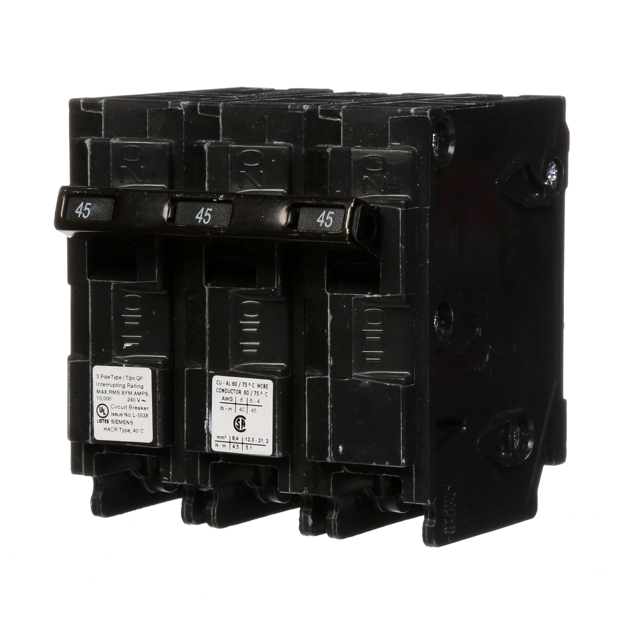 Q345 Low Voltage Miniature Residential Molded Case Circuit Breaker With Insta-Wire, 240 V AC, 45 A, 10 kA Interrupt, 3 Poles, Thermal Magnetic Trip