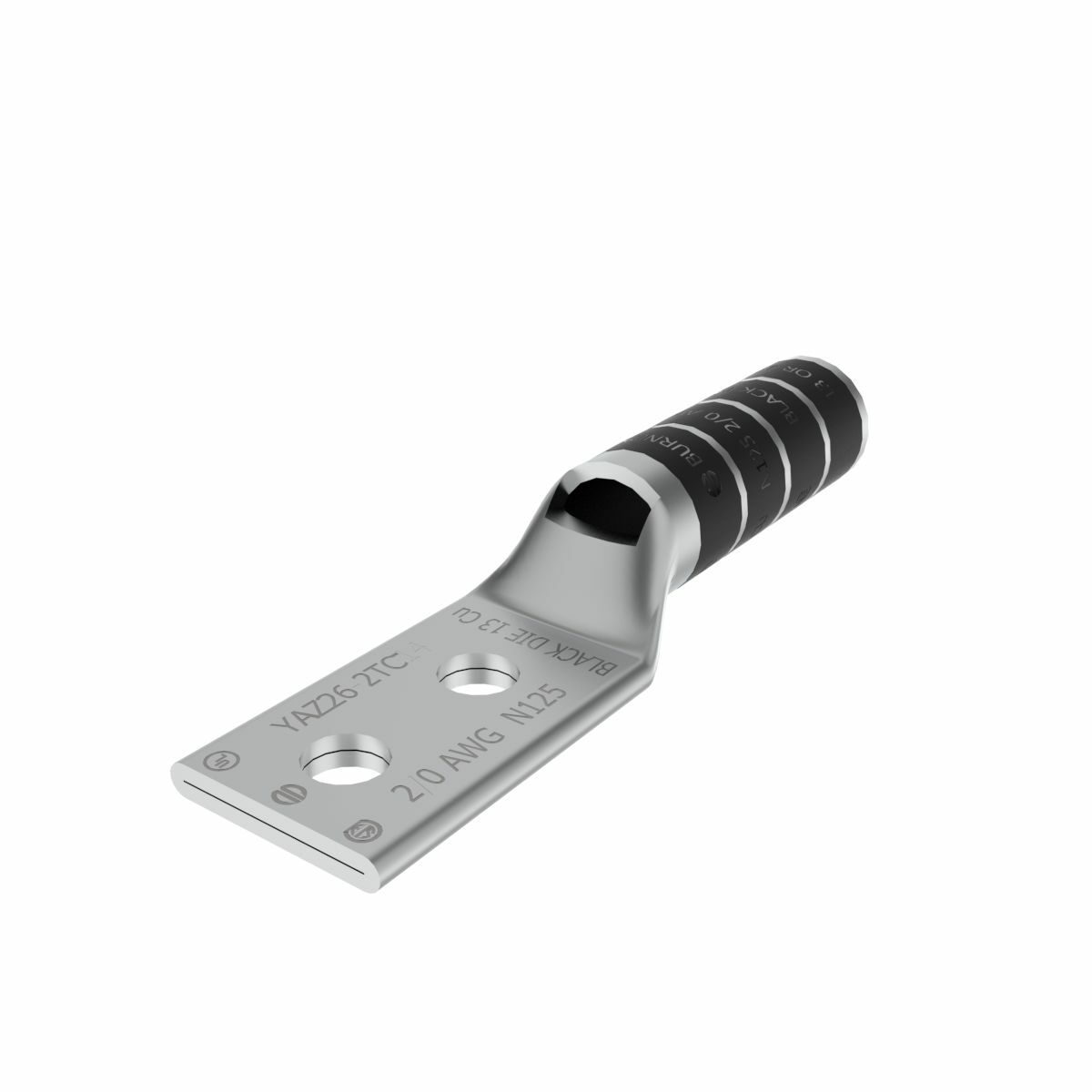 YAZ262N YAZ-2N 2-Hole Compression Lug With Inspection Window, 2/0 AWG Stranded Copper Conductor, Die Code: 13, 1/2 in Stud, Tin Plated Copper