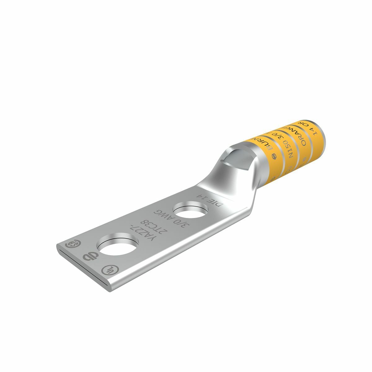 YAZ272N YAZ-2N 2-Hole Compression Lug With Inspection Window, 3/0 AWG Stranded Copper Conductor, Die Code: 14, 1/2 in Stud, Tin Plated Copper