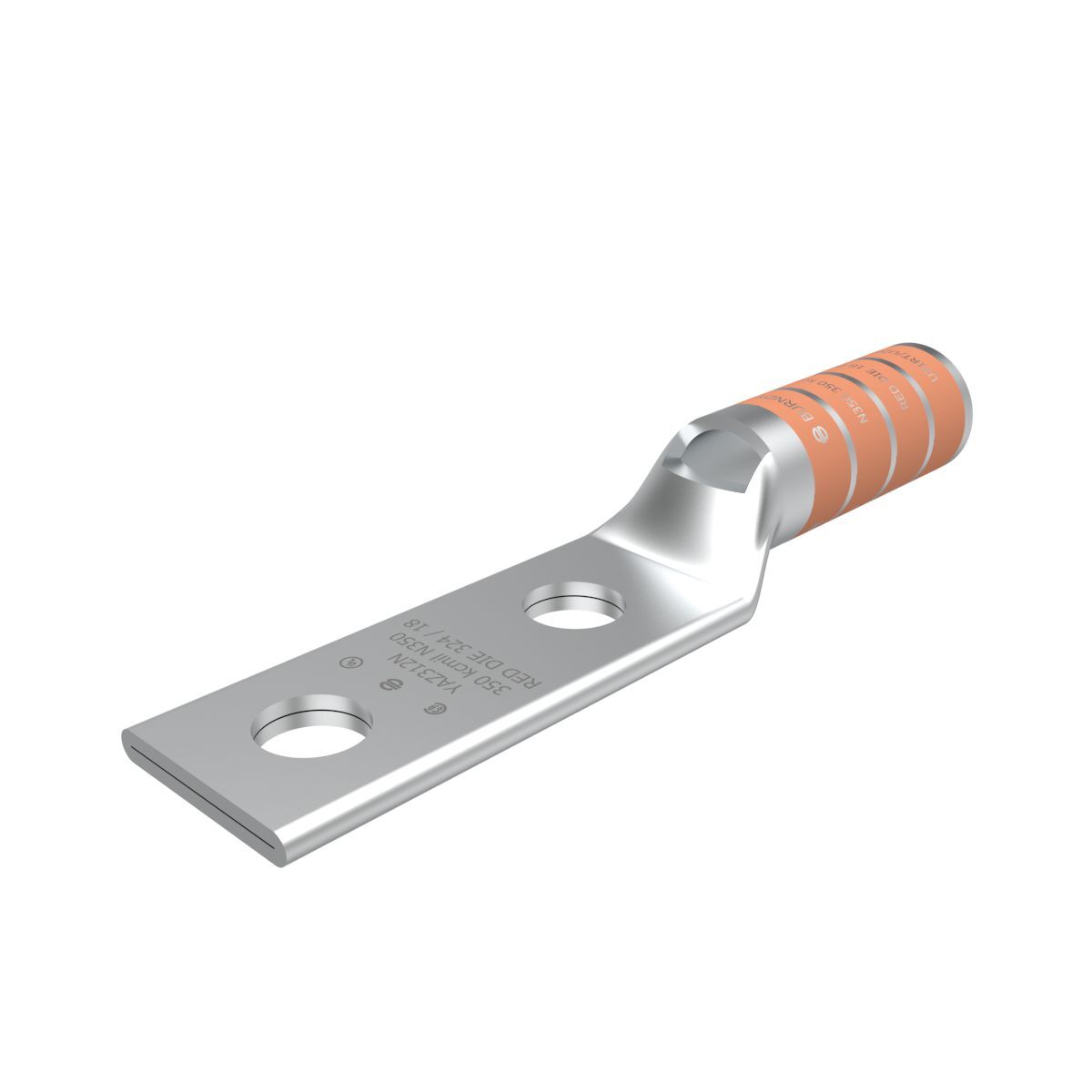 YAZ312N YAZ-2N 2-Hole Compression Lug With Inspection Window, 350 kcmil Stranded Copper Conductor, Die Code: 18/324, 1/2 in Stud, Tin Plated Copper