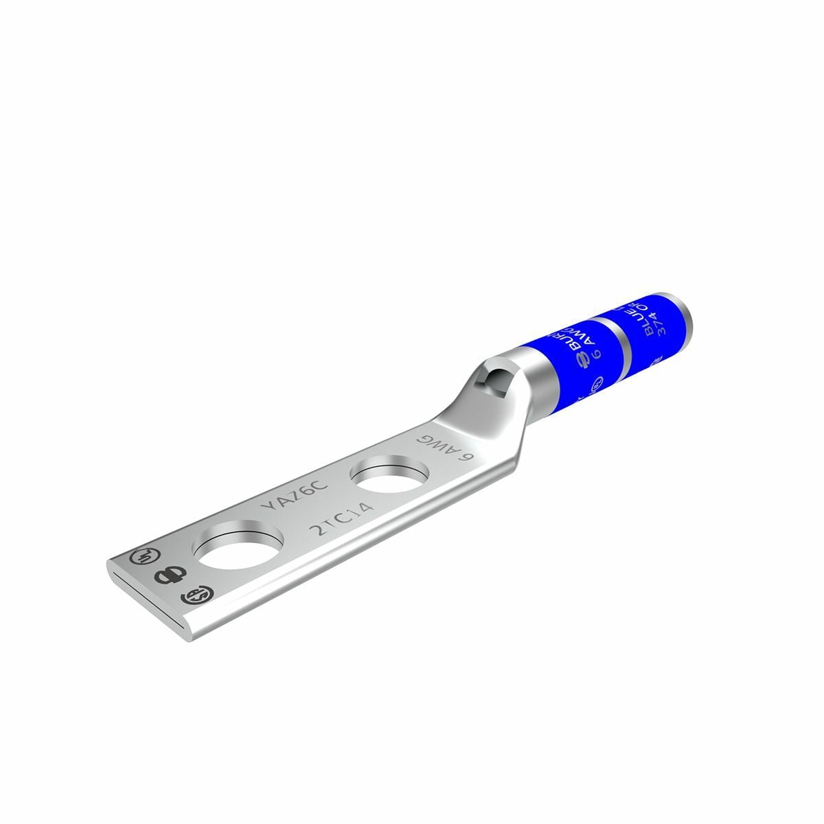 YAZ6C2TC14 YAZ-2TC 2-Hole Compression Lug With Inspection Window, 6 AWG Stranded Copper Conductor, Die Code: 7/374, 1/4 in Stud, Tin Plated Copper