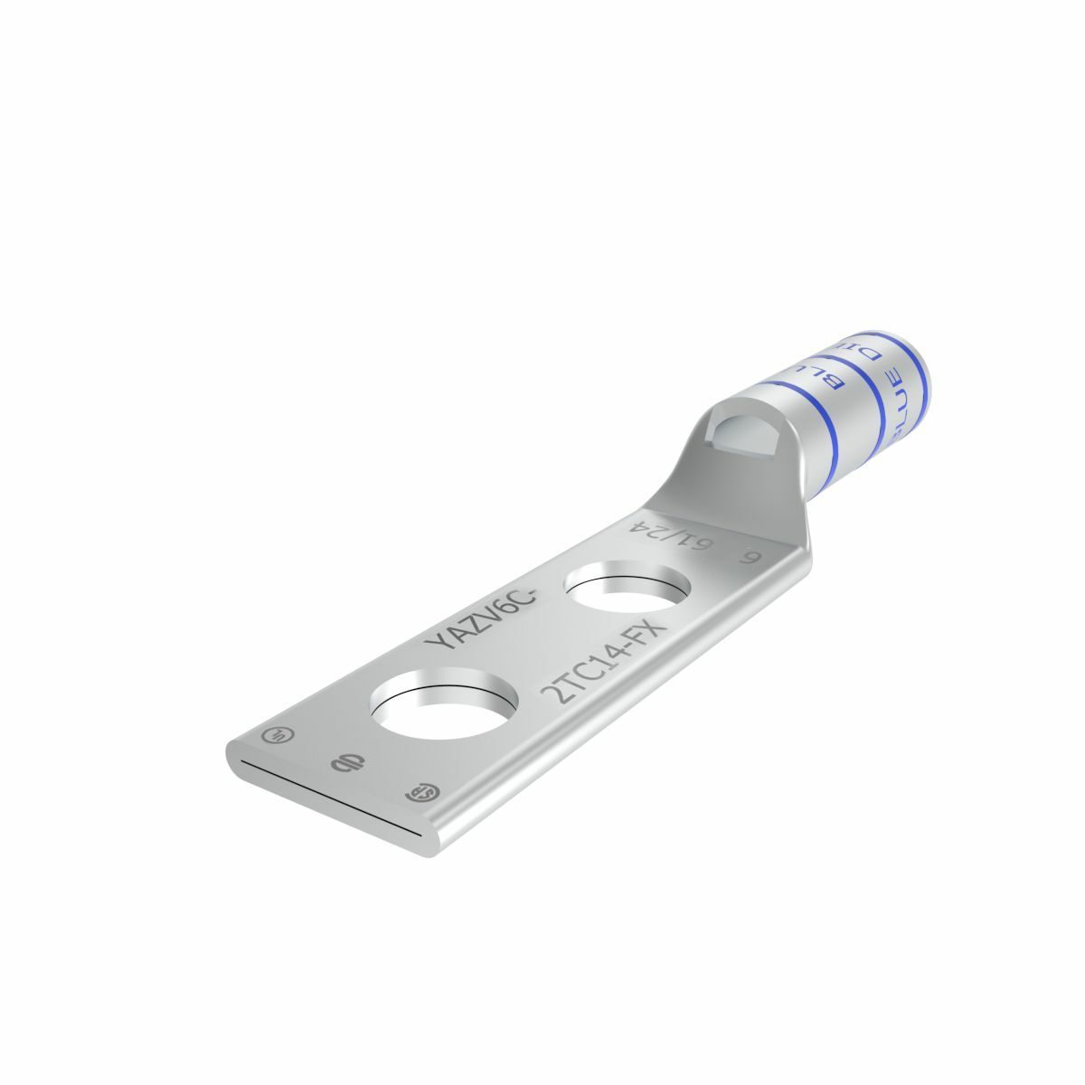 YAZV6C2TC14FX YAZ-2TC-FX 2-Hole Compression Lug With Inspection Window, 6 AWG Flexible/Stranded Copper Conductor, Die Code: 7/374, 1/4 in Stud, Tin Plated Copper