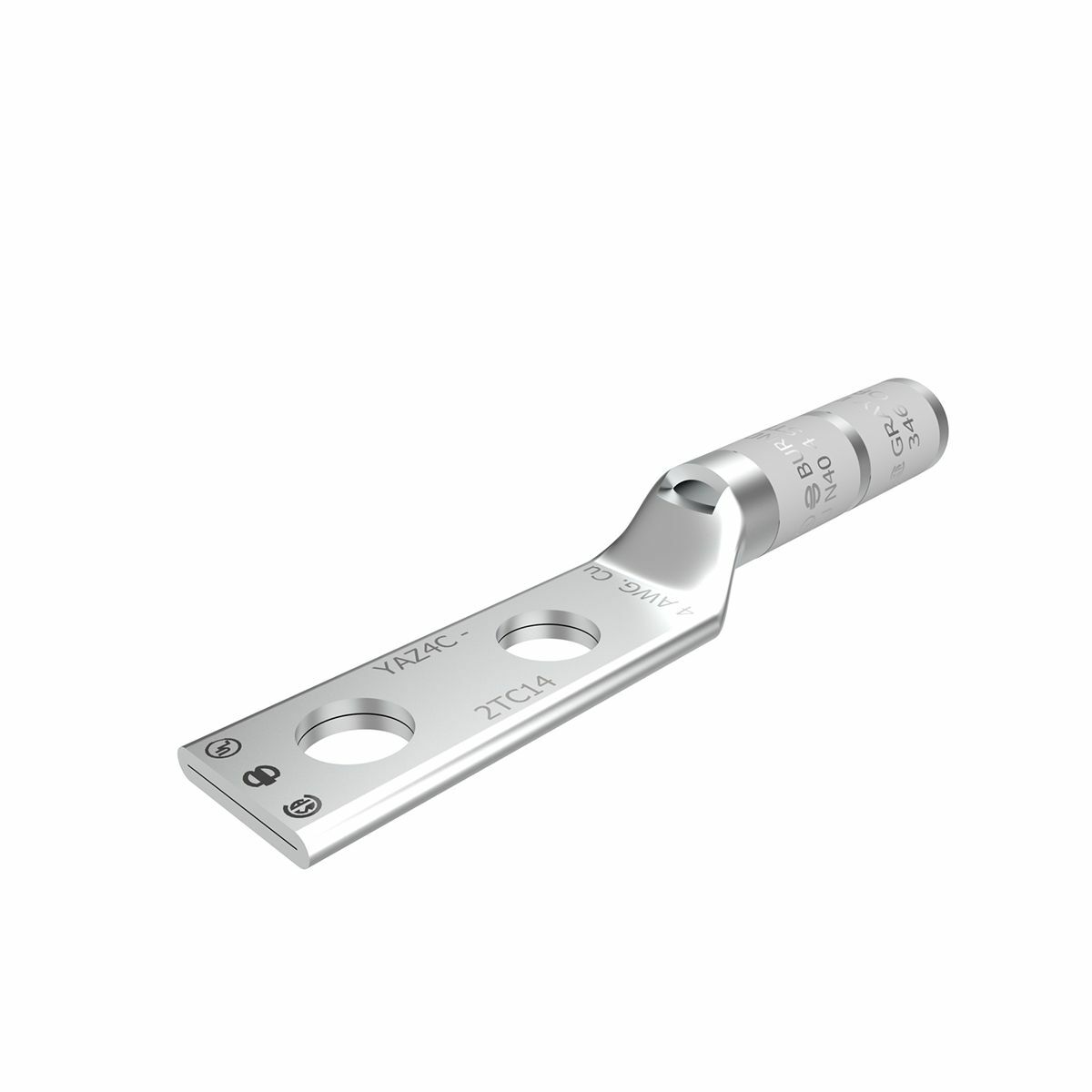 YAZ4C2TC14 YAZ-2TC 2-Hole Compression Lug With Inspection Window, 4 AWG Stranded Copper Conductor, Die Code: 8/346, 1/4 in Stud, Tin Plated Copper