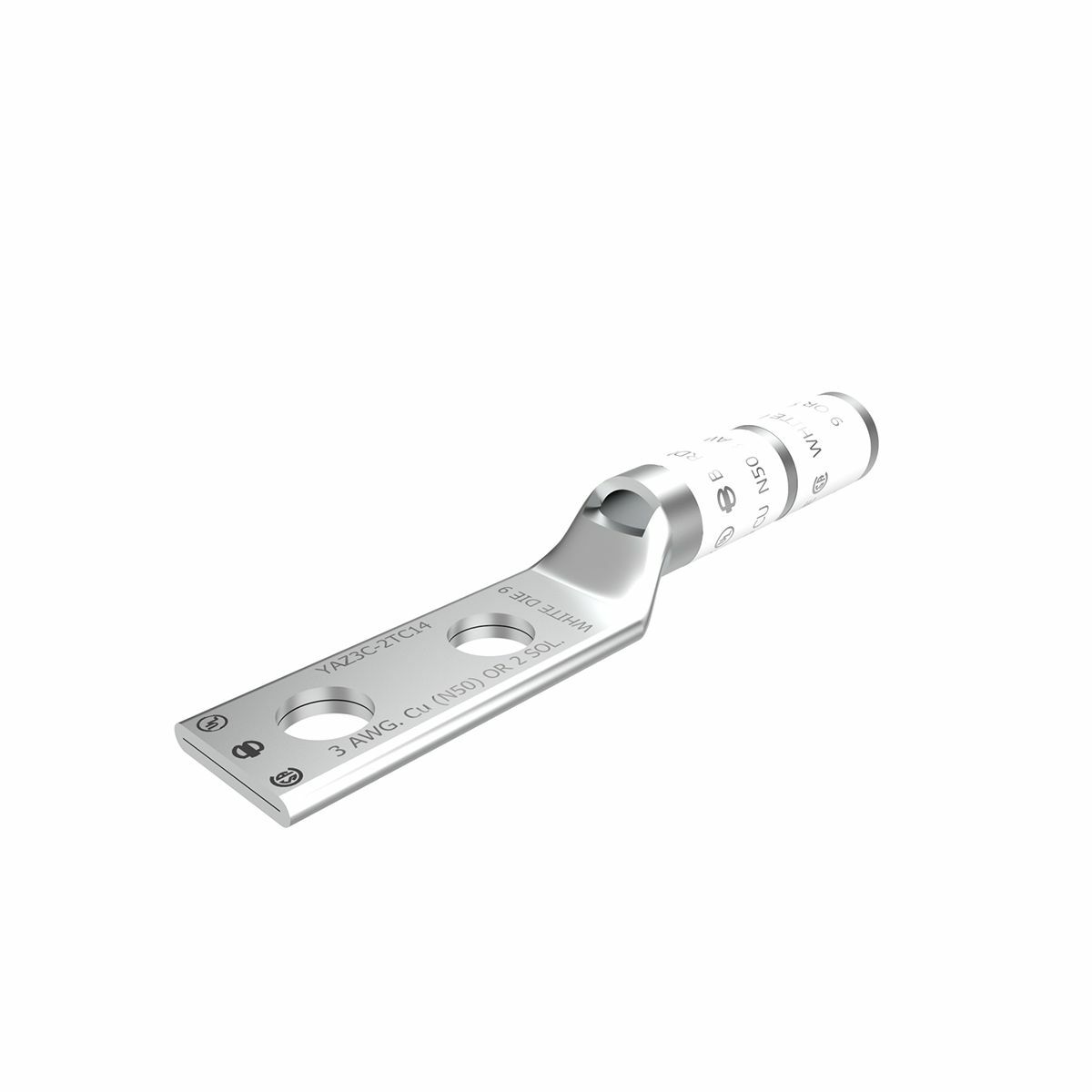 YAZ3C2TC14 YAZ-2TC 2-Hole Compression Lug With Inspection Window, 3 AWG Stranded Copper Conductor, Die Code: 9, 1/4 in Stud, Tin Plated Copper