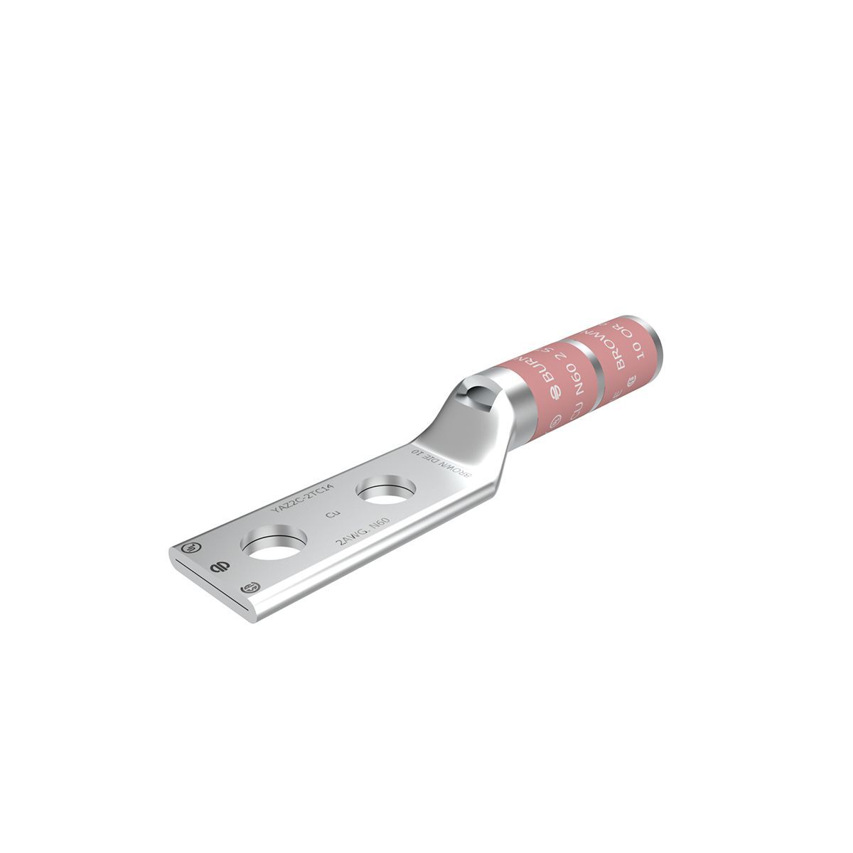 YAZ2C2TC14 YAZ-2TC 2-Hole Compression Lug With Inspection Window, 2 AWG Stranded Copper Conductor, Die Code: 10, 1/4 in Stud, Tin Plated Copper