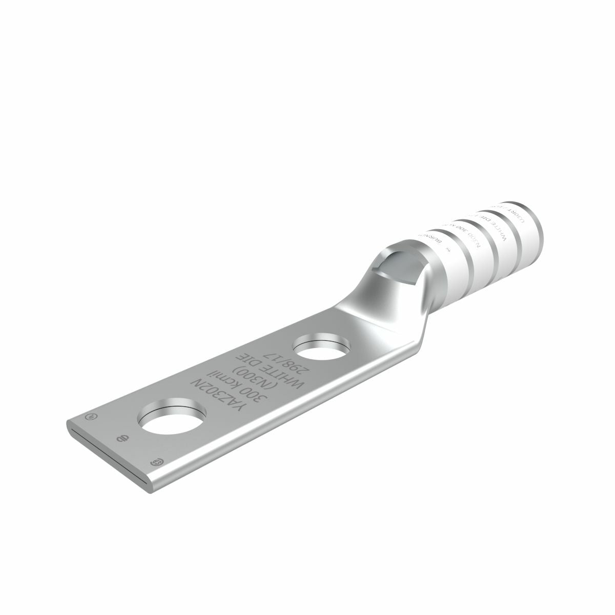 YAZ302N YAZ-2N 2-Hole Compression Lug With Inspection Window, 300 kcmil Stranded Copper Conductor, Die Code: 17/298, 1/2 in Stud, Tin Plated Copper