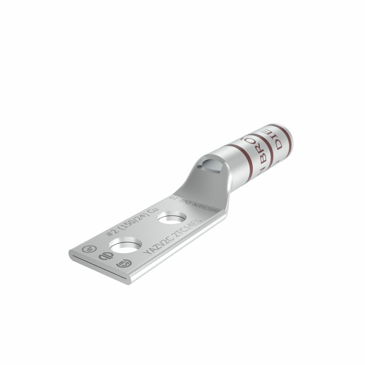 YAZV2C2TC14FX YAZ-2TC-FX 2-Hole Compression Lug With Inspection Window, 2 AWG Flexible/Stranded Copper Conductor, Die Code: 10, 1/4 in Stud, Tin Plated Copper