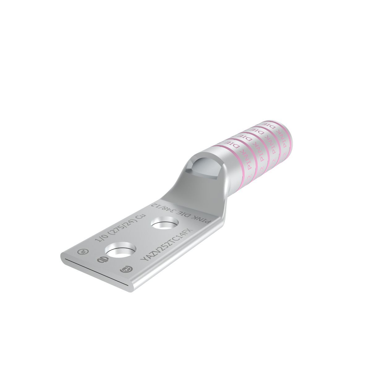 YAZV252TC14FX YAZ-2TC-FX 2-Hole Compression Lug With Inspection Window, 1/0 AWG Flexible/Stranded Copper Conductor, Die Code: 12/348, 1/4 in Stud, Tin Plated Copper
