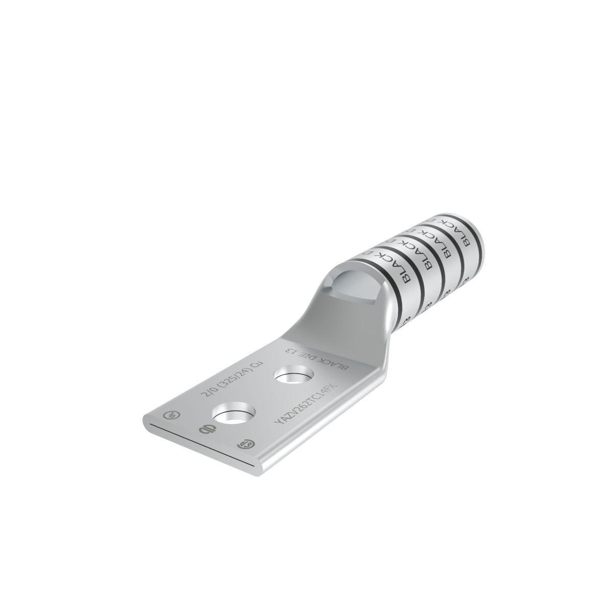 YAZV262TC14FX YAZ-2TC-FX 2-Hole Compression Lug With Inspection Window, 2/0 AWG Flexible/Stranded Copper Conductor, Die Code: 13, 1/4 in Stud, Tin Plated Copper