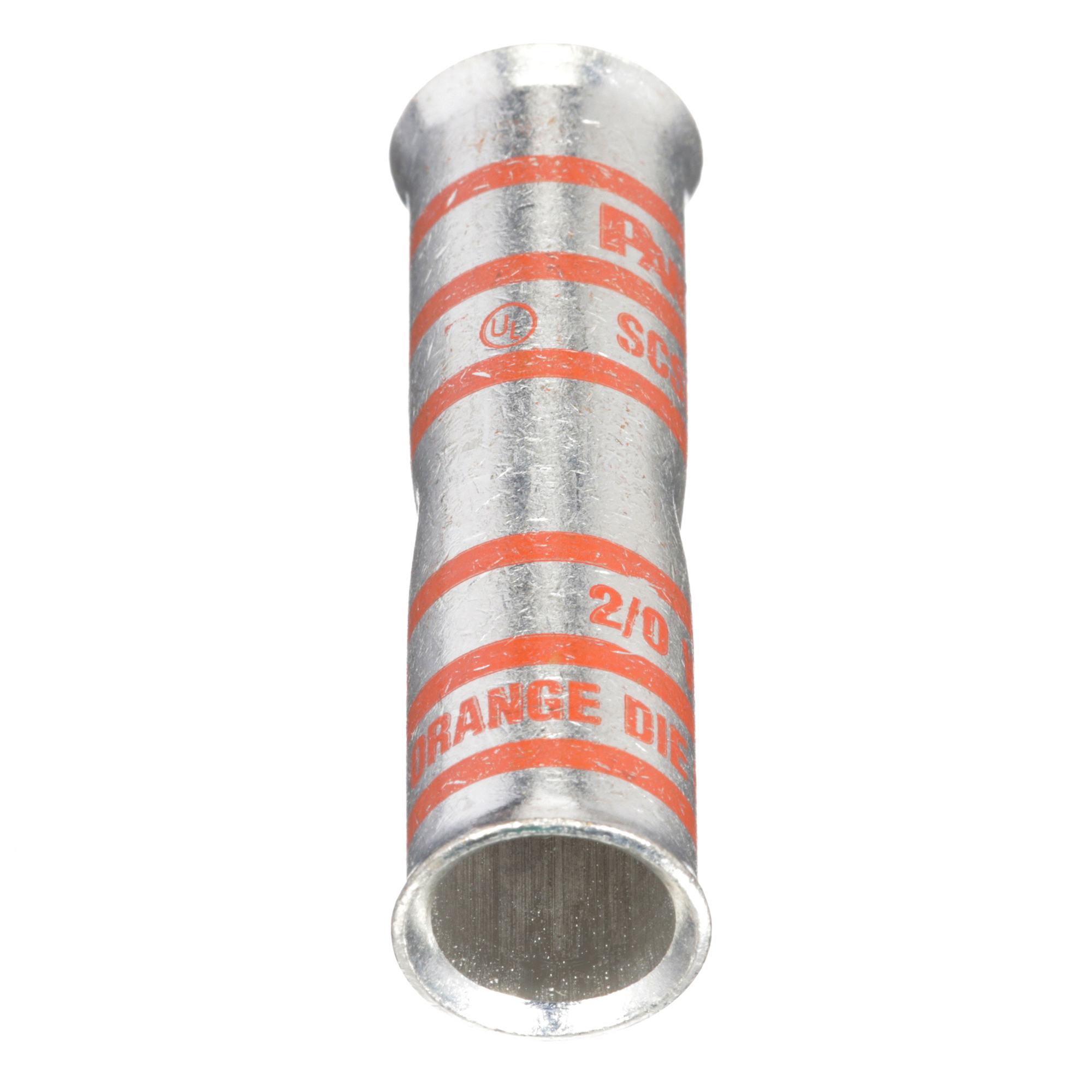 SCSF2/0-X Type SCSF Compression Butt Splice, 2/0 AWG Conductor, 2-1/2 in L, Flared/Seamless Barrel, Copper, Orange