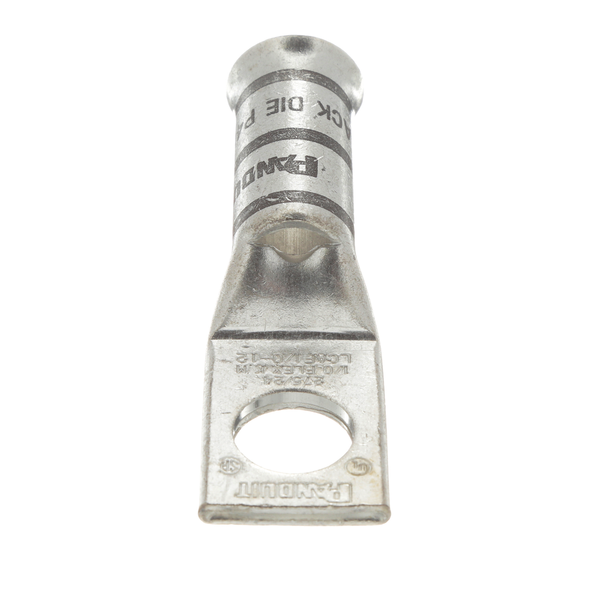 LCAF1/0-12-X Pan-Lug 1-Hole Compression Connector Lug, 1/0 AWG Flexible Copper Conductor, Die Code: P45, 42.767 in Stud, Tin Plated Copper