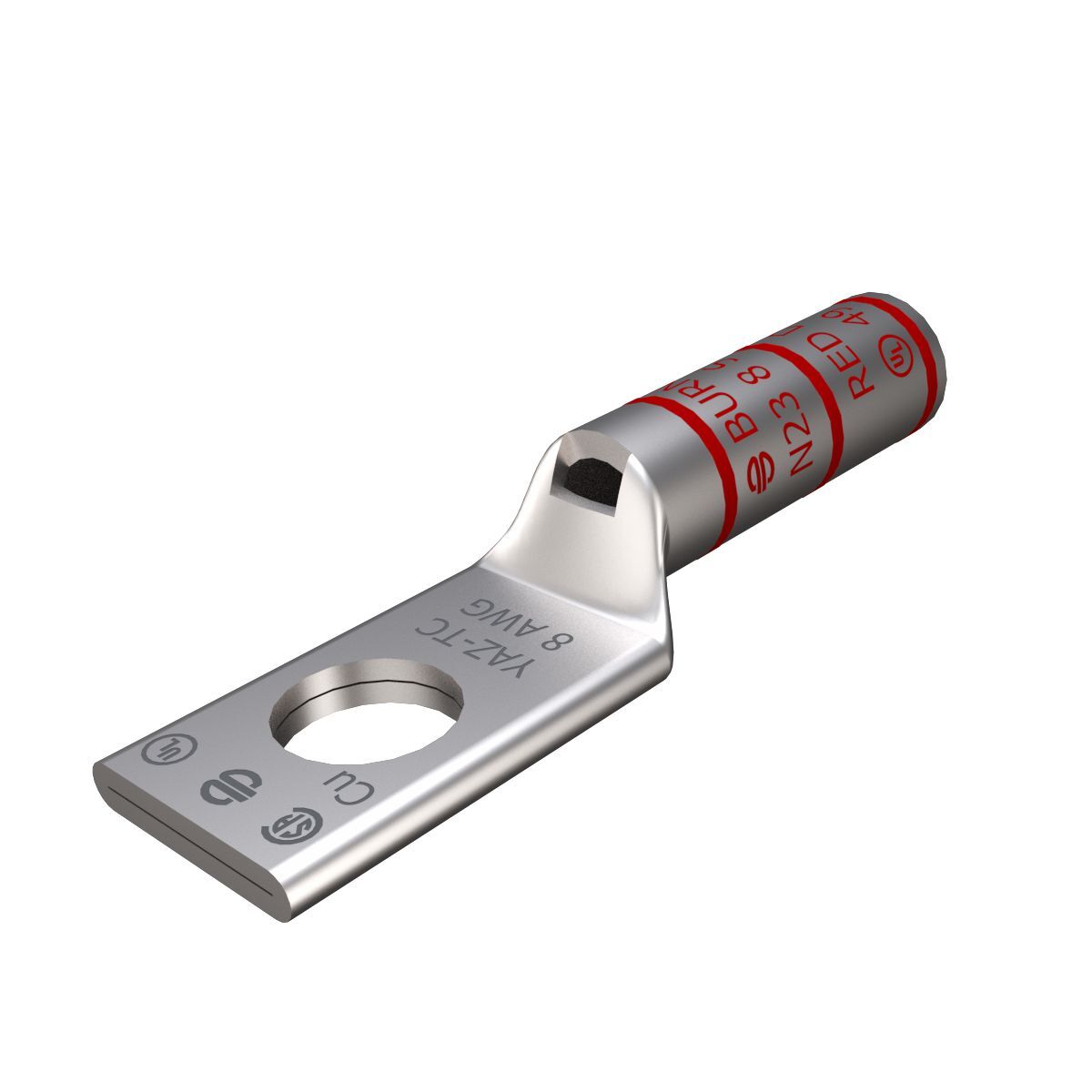YAZ8CTC14 1-Hole Uninsulated Compression Lug With Inspection Window, 8 AWG Stranded Copper Conductor, Die Code: 49, 1/4 in Stud, Tin Plated Copper