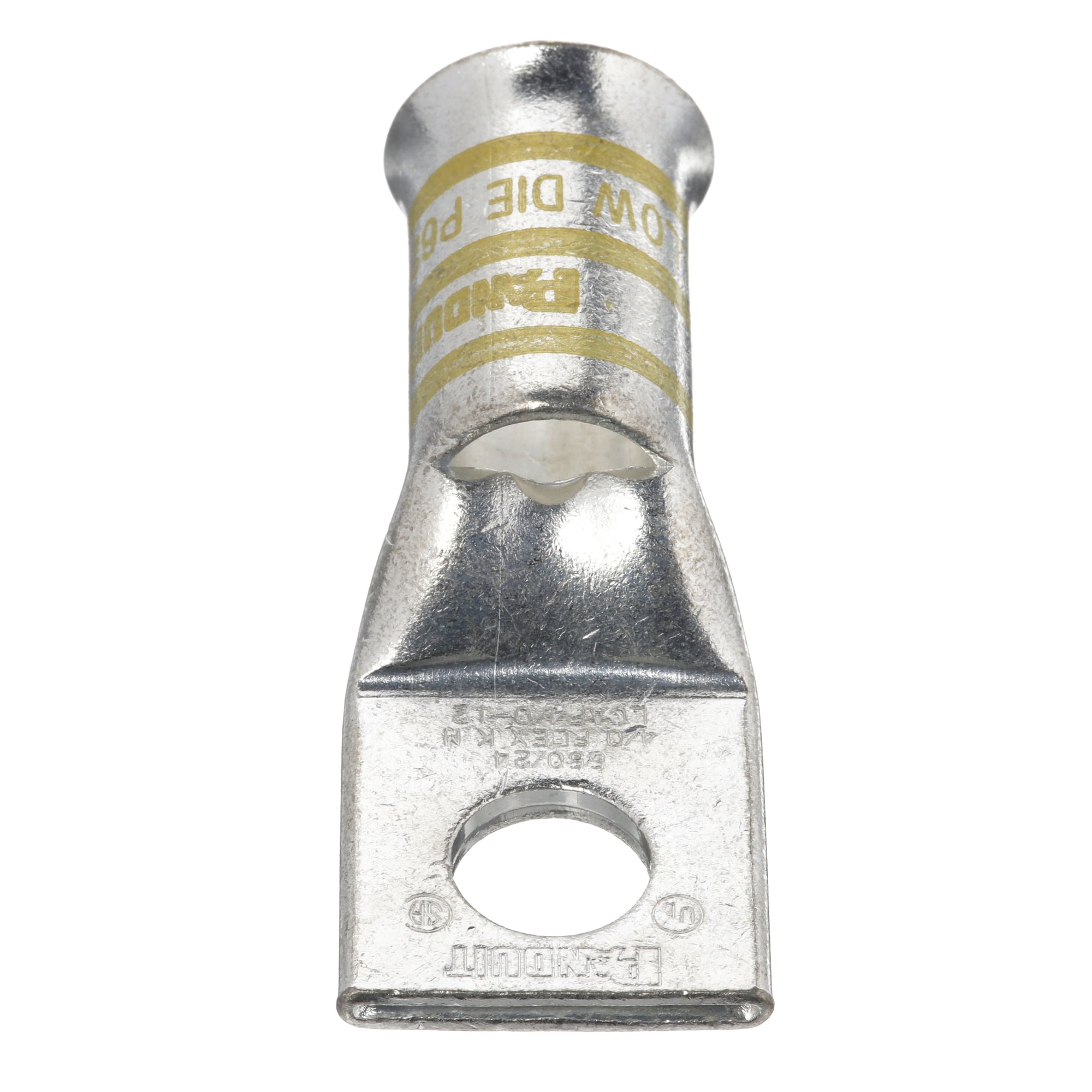 LCAF4/0-12-X Pan-Lug 1-Hole Compression Lug Connector With Inspection Window, 4/0 AWG Flexible Copper Conductor, Die Code: P62, 1/2 in Stud, Tin Plated Copper