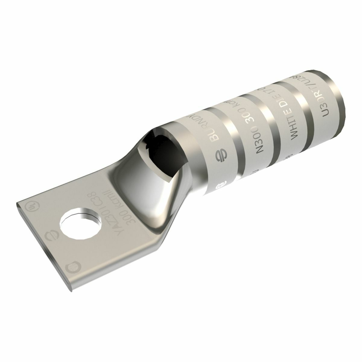 YAZ30TC38 1-Hole Uninsulated Compression Lug With Inspection Window, 300 kcmil Stranded Conductor, Die Code: 17/298, 3/8 in Stud, Tin Plated Copper