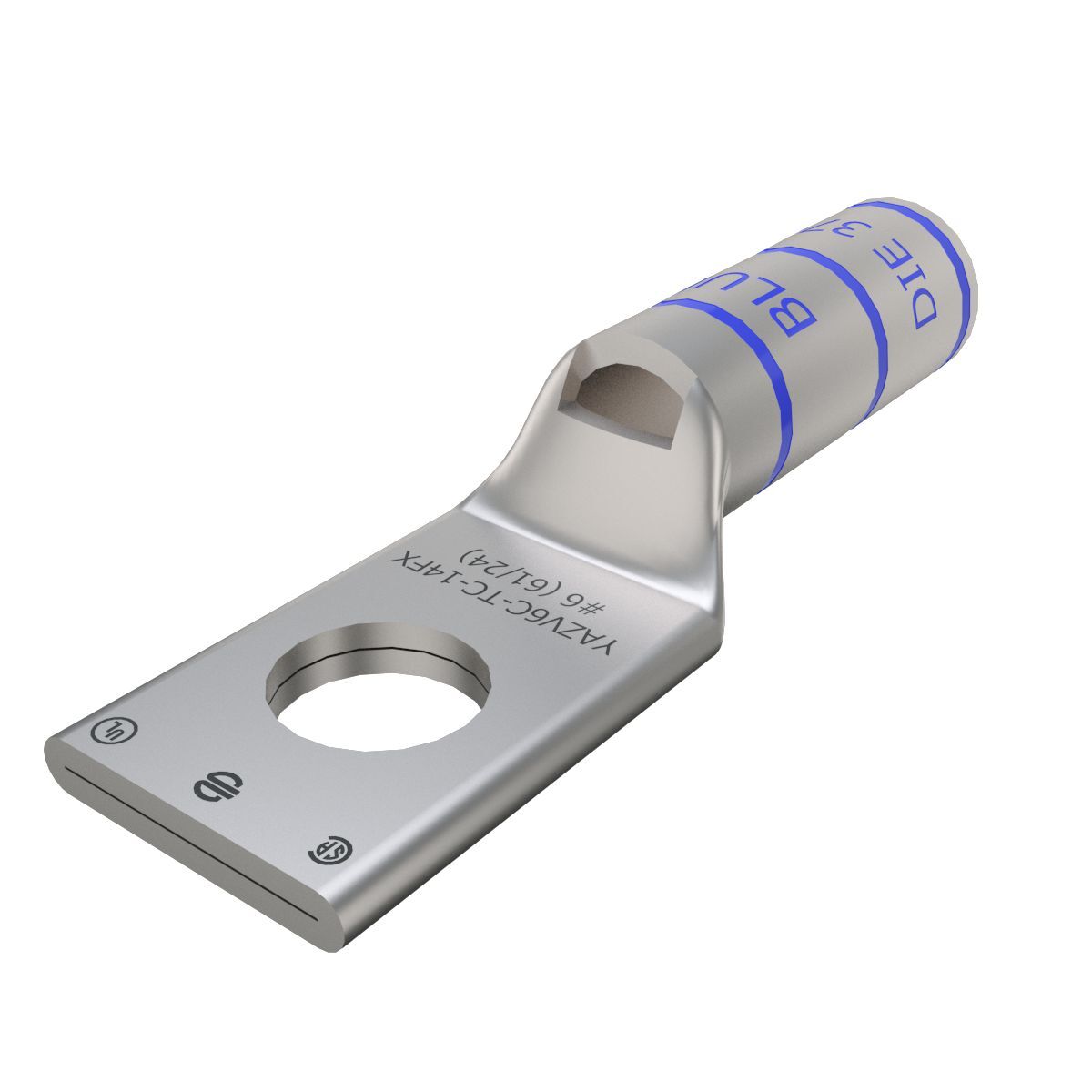 YAZV6CTC14FX YAZ-TC-FX 1-Hole Compression Lug With Inspection Window, 6 AWG Flexible/Stranded Copper Conductor, Die Code: 7/374, 1/4 in Stud, Tin Plated Copper