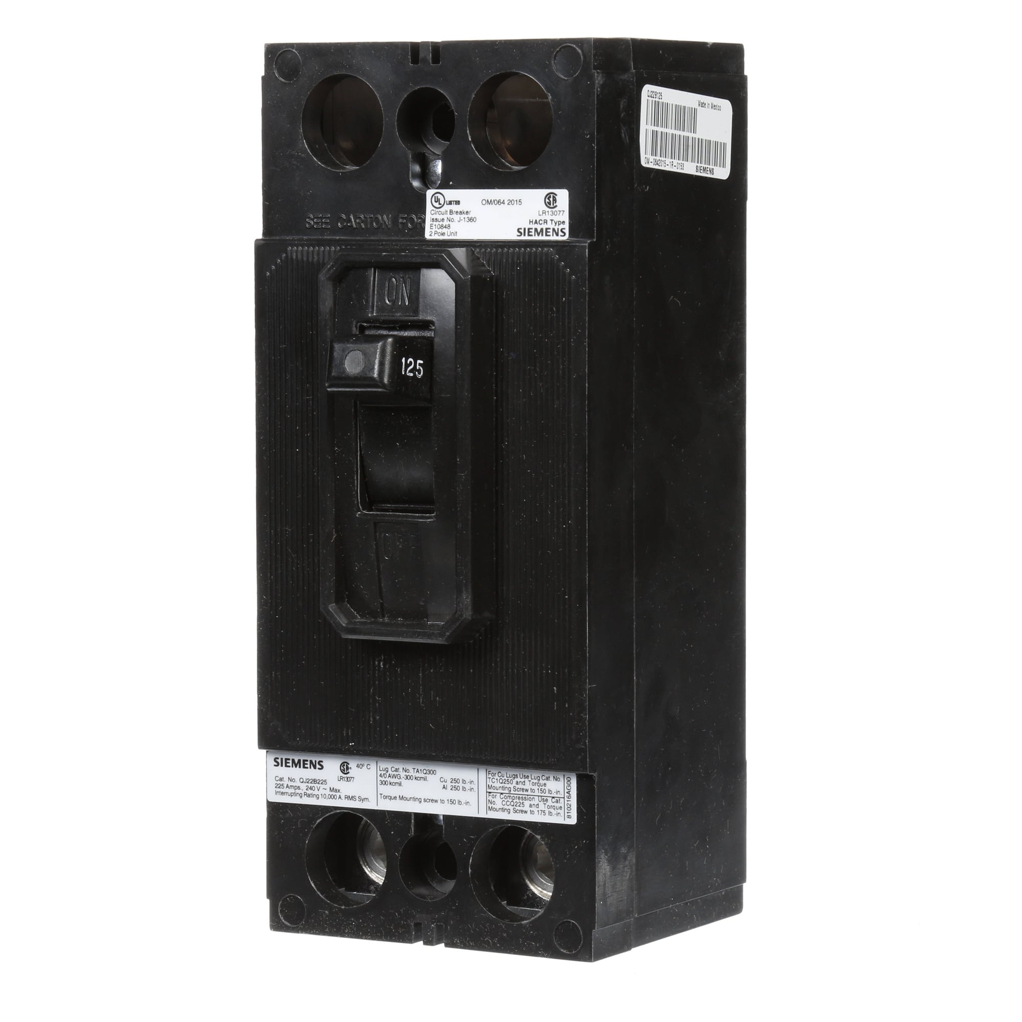 QJ22B225 Type QJ2 Low Voltage Molded Case Circuit Breaker, 240 VAC, 225 A, 10 kA Interrupt, 2 Poles, Thermal Magnetic Trip