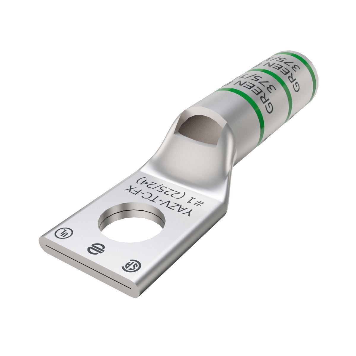 YAZV1CTC38FX 1-Hole Compression Lug Inspection Window With Inspection Window, 1 AWG Stranded Copper Conductor, Die Code: 11/375, 3/8 in Stud, Tin Copper