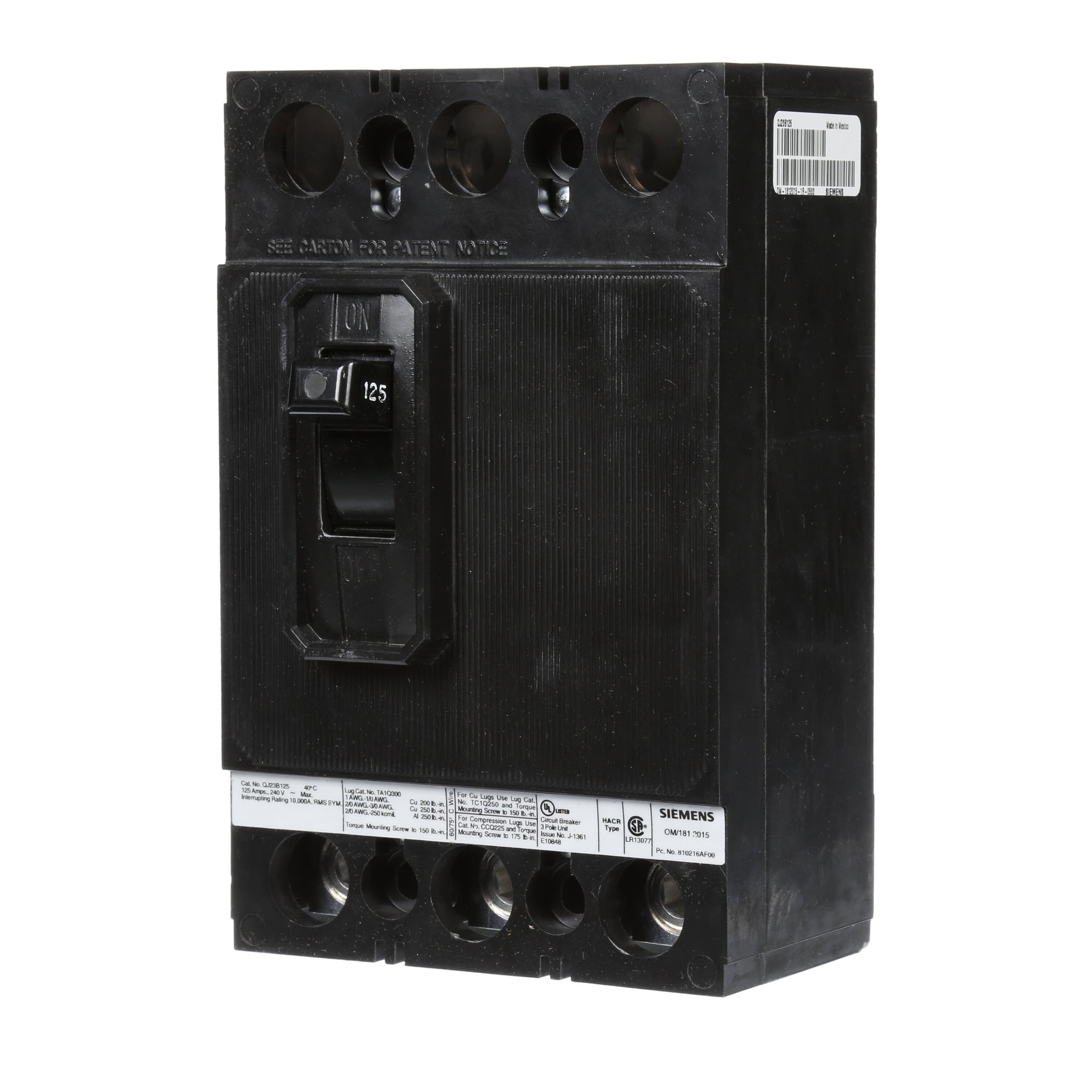 QJ23B125 Type QJ2 Low Voltage Molded Case Circuit Breaker, 240 VAC, 125 A, 10 kA Interrupt, 3 Poles, Thermal Magnetic Trip