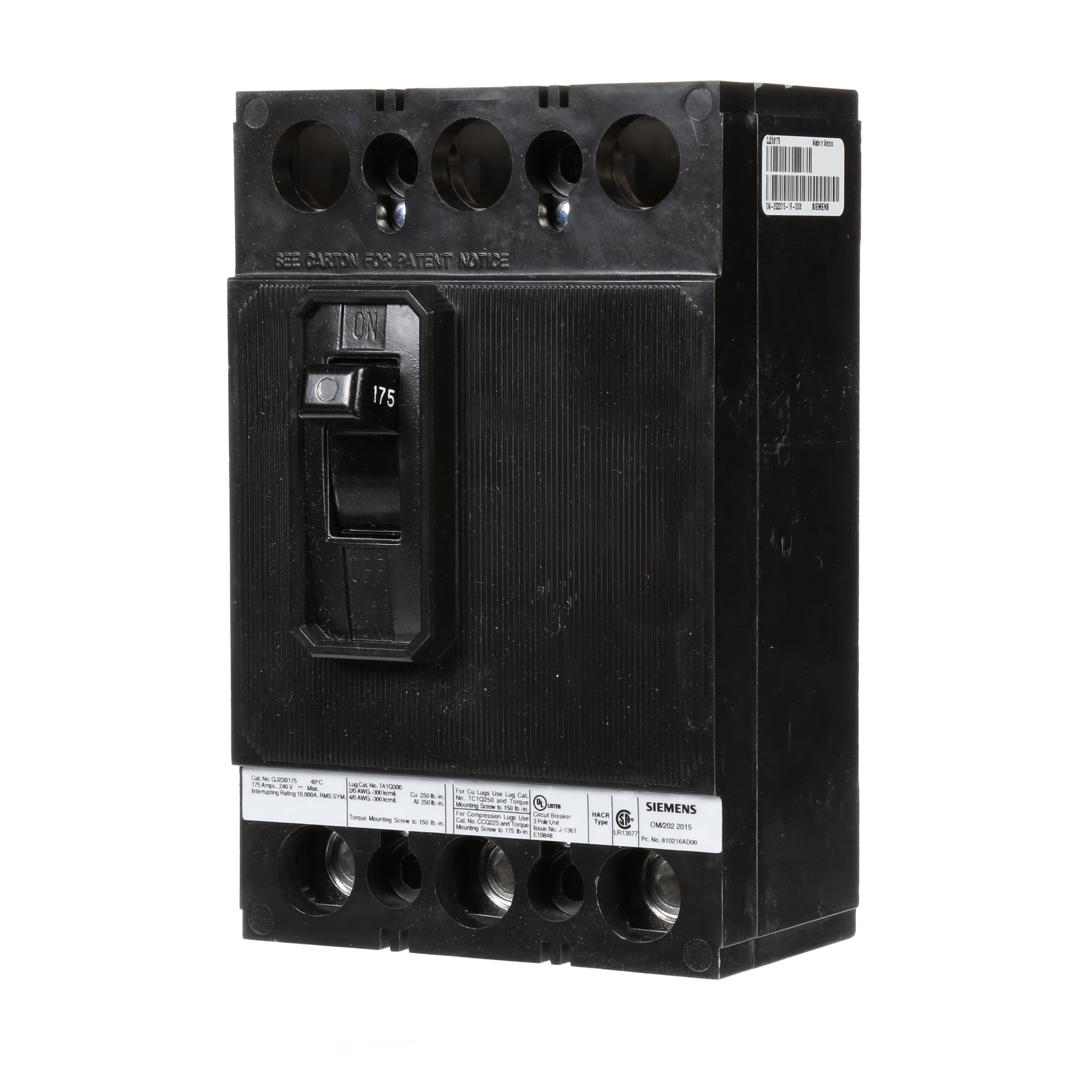 QJ23B175 Type QJ2 Low Voltage Molded Case Circuit Breaker, 240 VAC, 175 A, 10 kA Interrupt, 3 Poles, Thermal Magnetic Trip