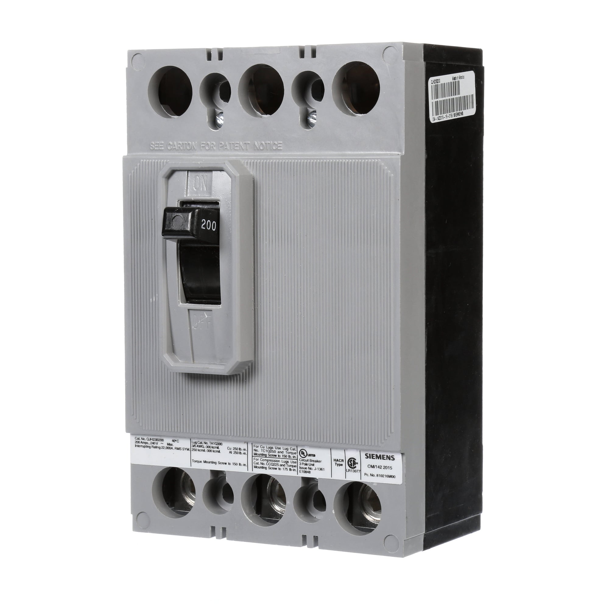 QJH23B200 Type QJH2 Low Voltage Molded Case Circuit Breaker, 240 VAC, 200 A, 22 kA Interrupt, 3 Poles, Thermal Magnetic Trip