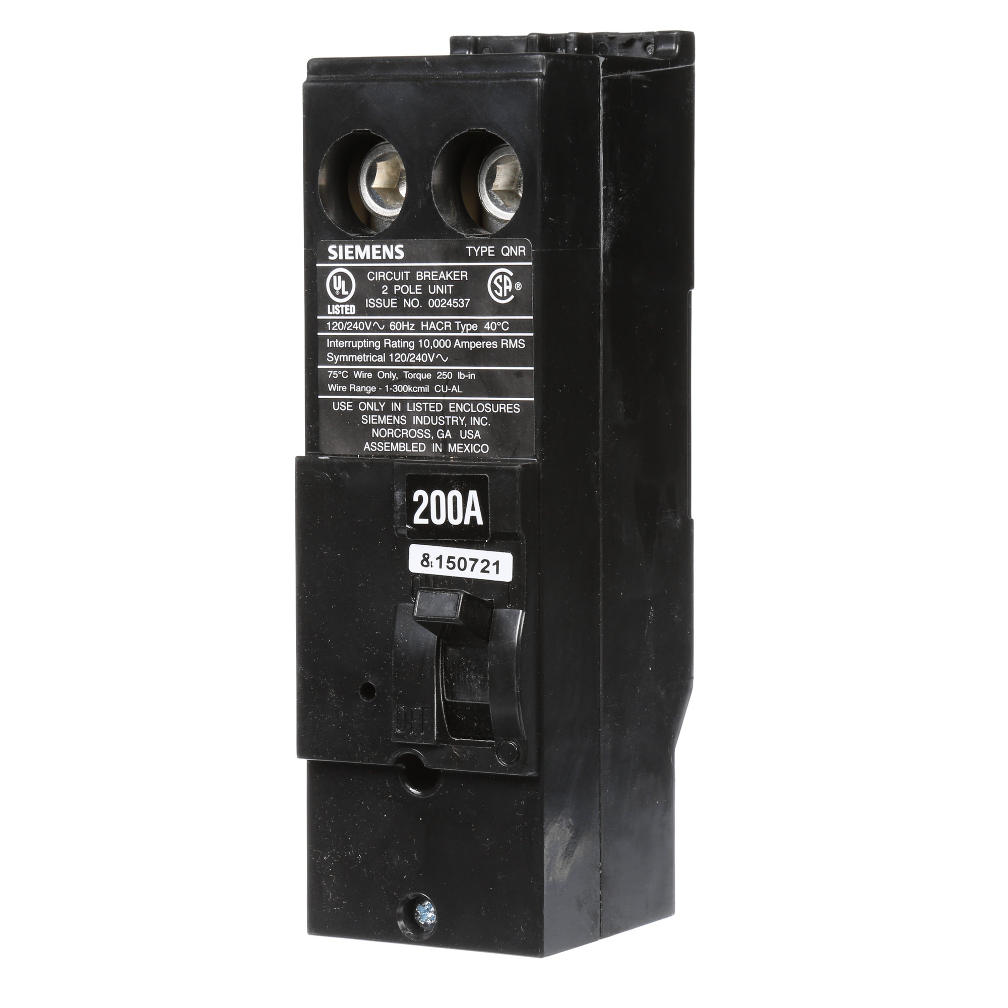 QN2200R Type QNR Low Voltage Miniature Molded Case Circuit Breaker, 120/240 V AC, 200 A, 10 kA Interrupt, 2 Poles, Thermal Magnetic Trip